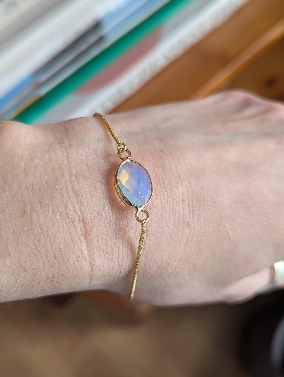 Faceted Opalite Oval Gold Slider Bracelet