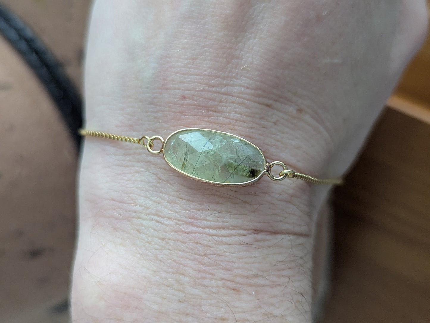 Faceted Prehnite Oval Gold Slider Bracelet