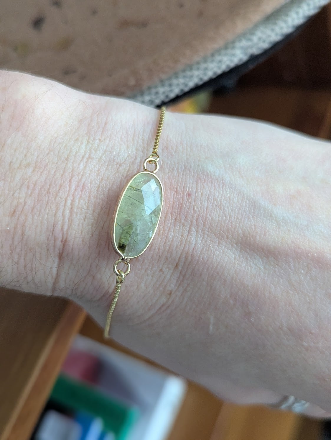Faceted Prehnite Oval Gold Slider Bracelet