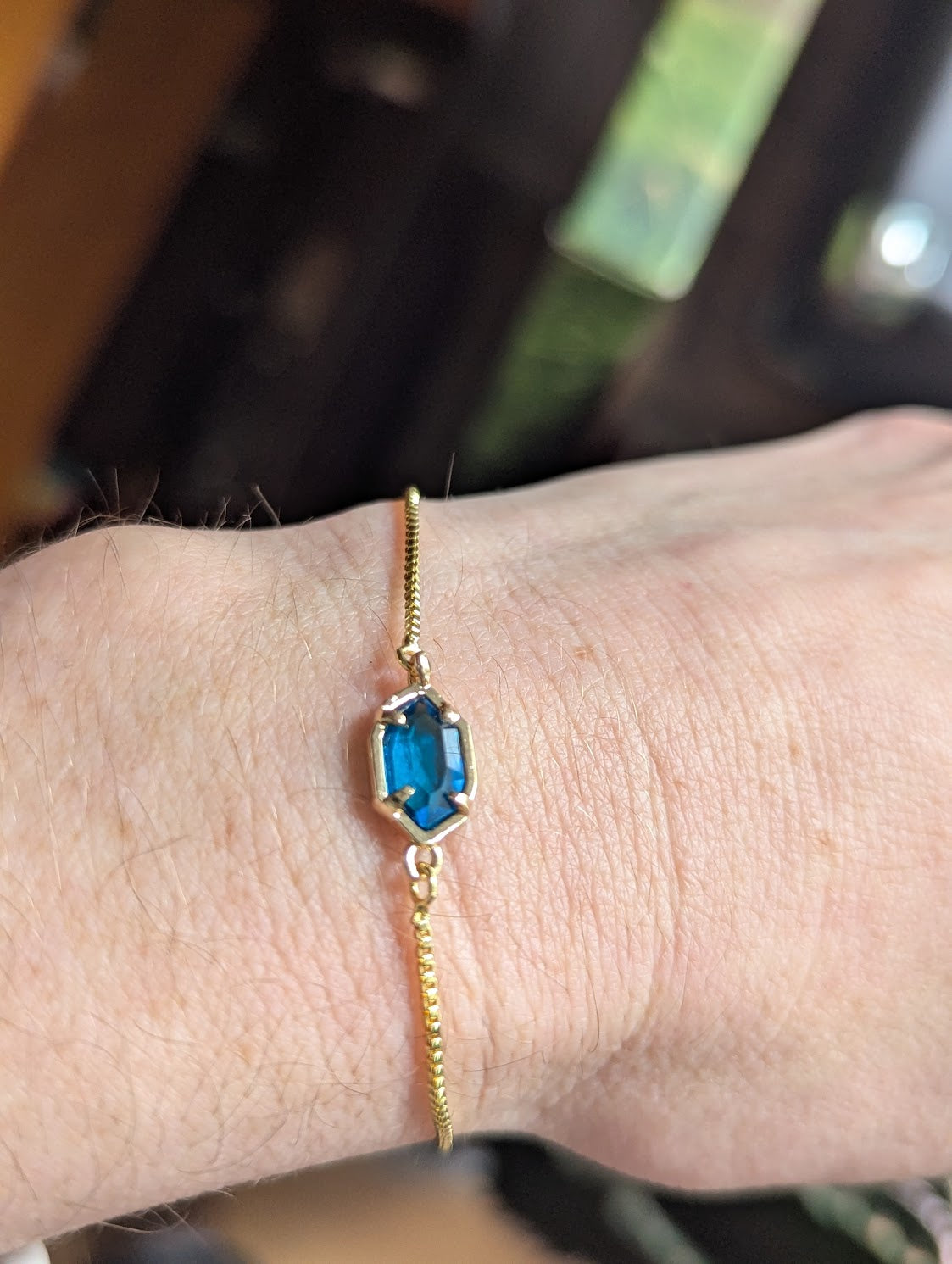 Aqua Blue Crystal Geometric Gold Slide Bracelet
