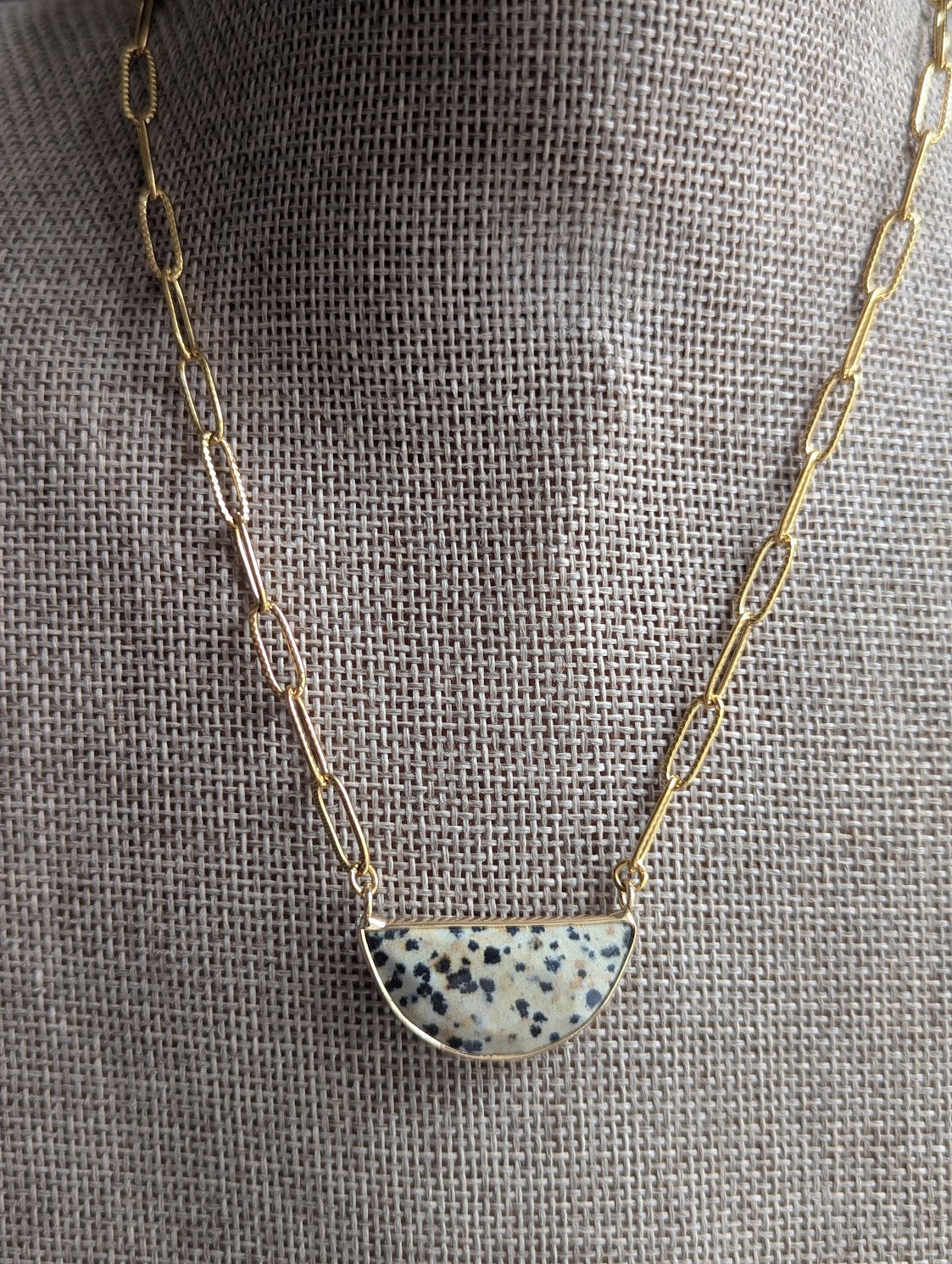 Dalmatian Jasper Half Moon Gold Paper Clip Necklace