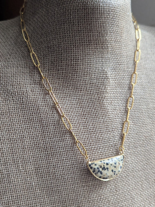 Dalmatian Jasper Half Moon Gold Paper Clip Necklace