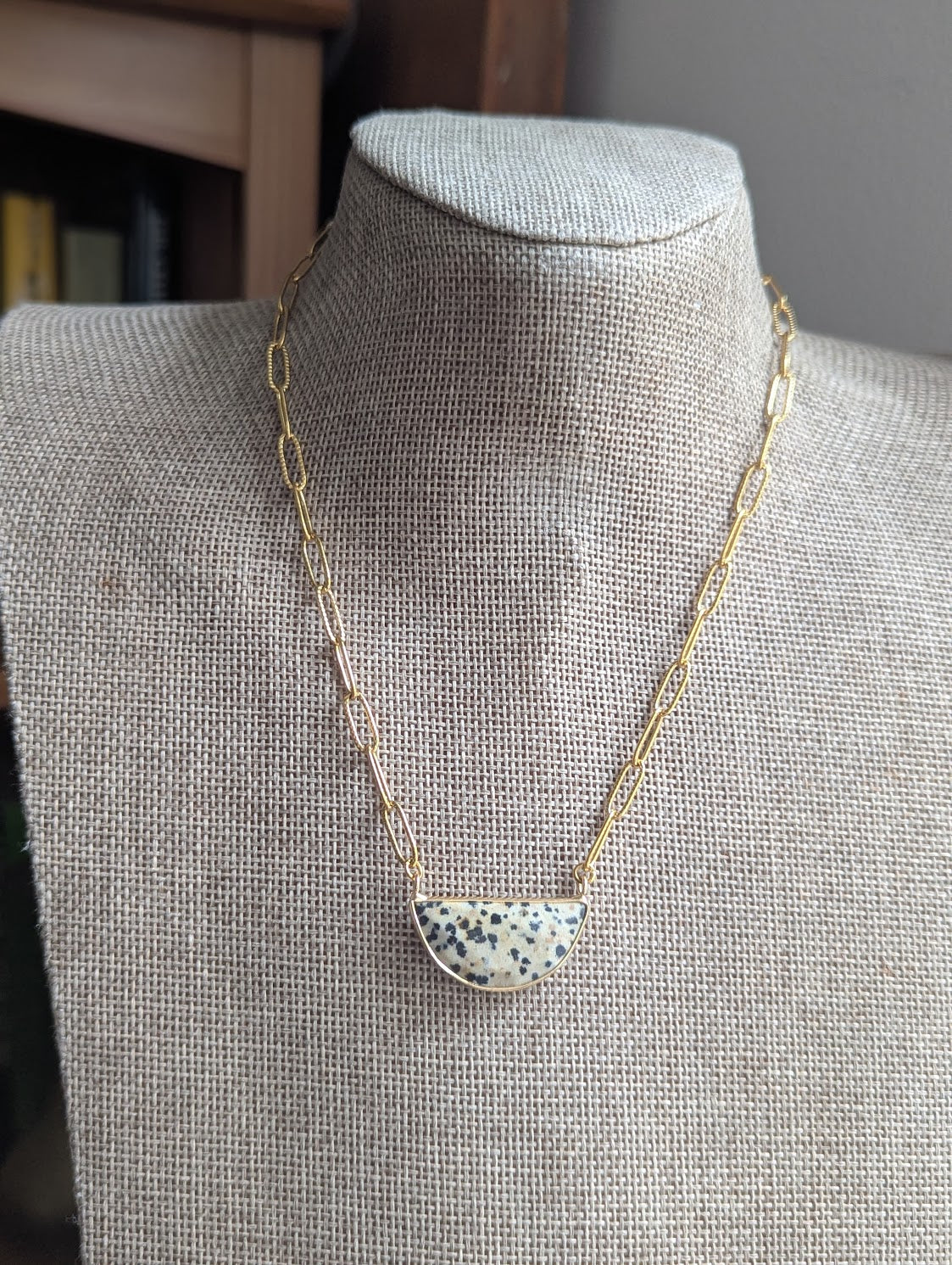 Dalmatian Jasper Half Moon Gold Paper Clip Necklace