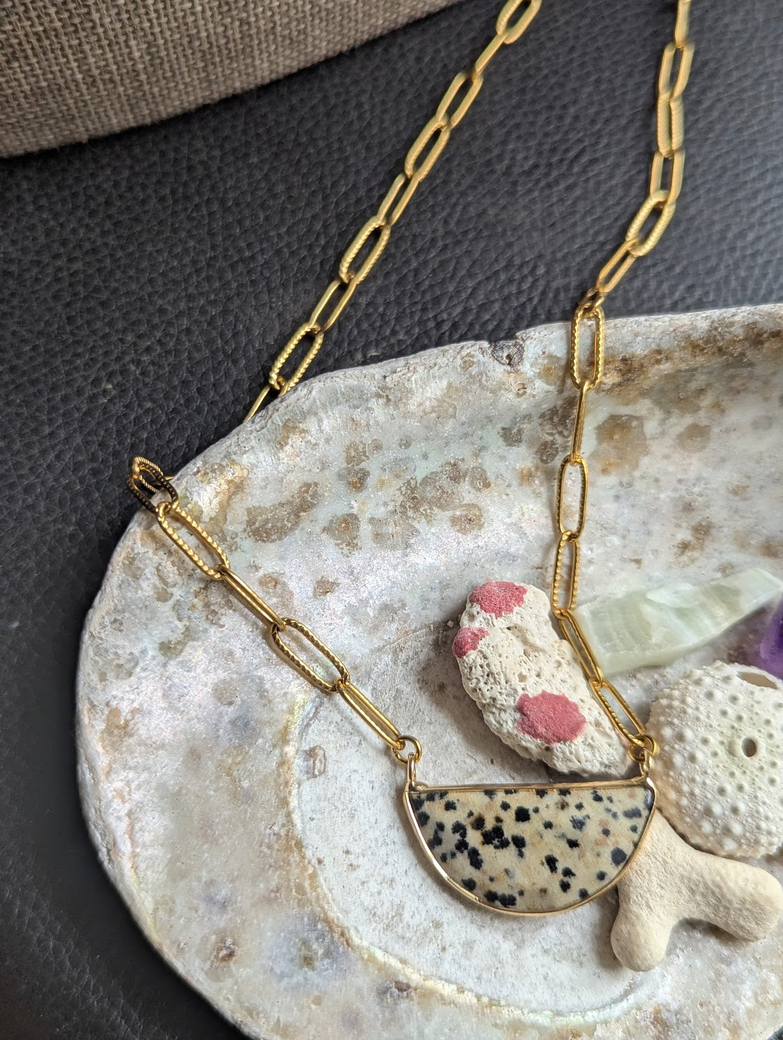 Dalmatian Jasper Half Moon Gold Paper Clip Necklace