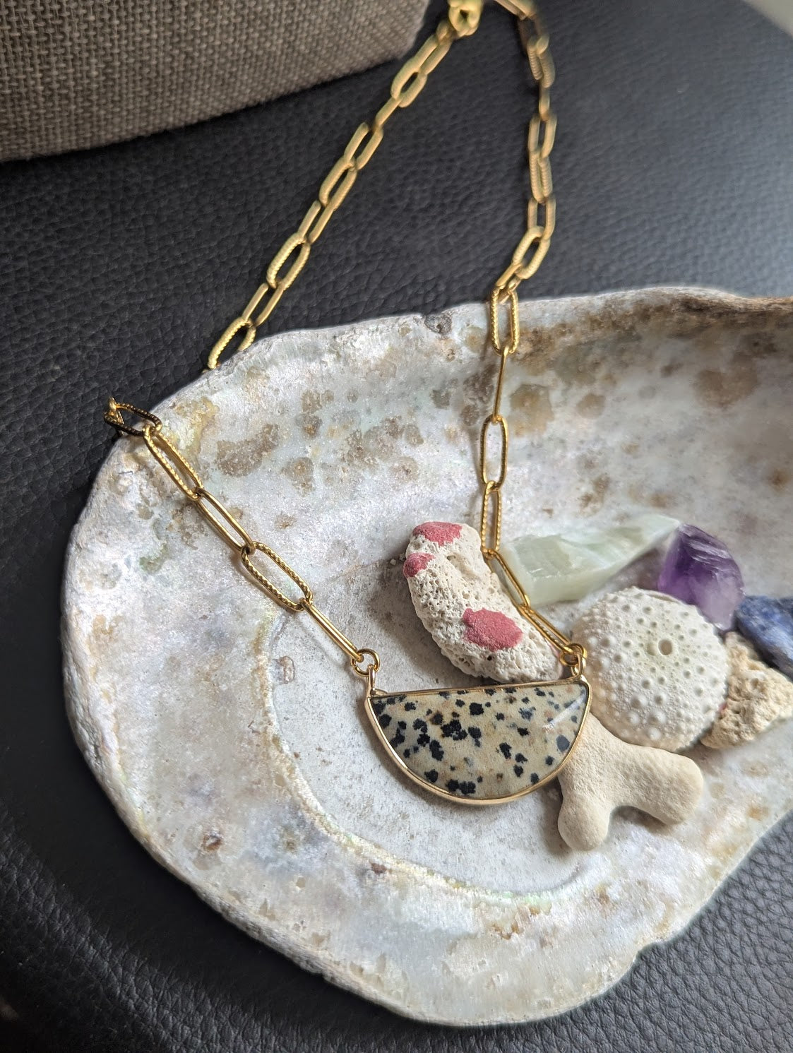 Dalmatian Jasper Half Moon Gold Paper Clip Necklace