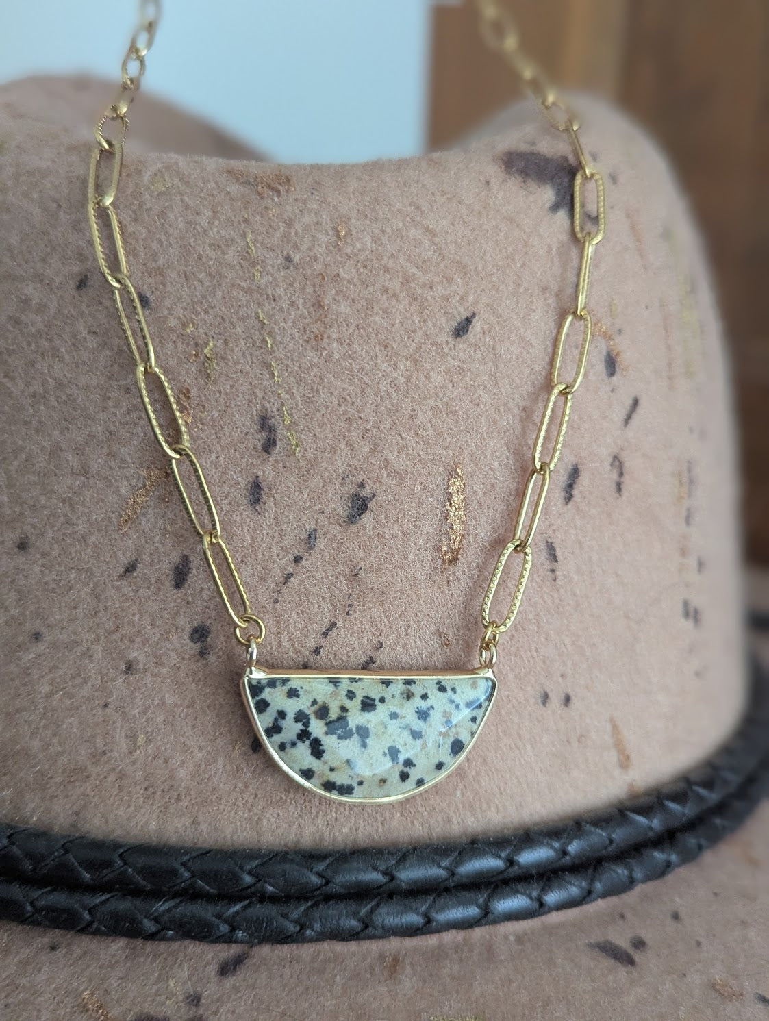 Dalmatian Jasper Half Moon Gold Paper Clip Necklace