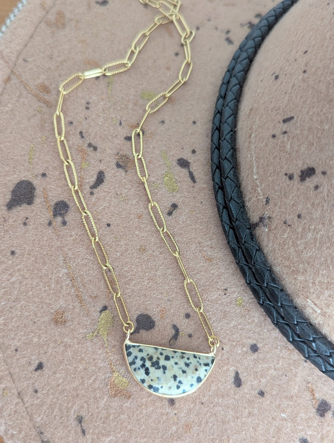 Dalmatian Jasper Half Moon Gold Paper Clip Necklace