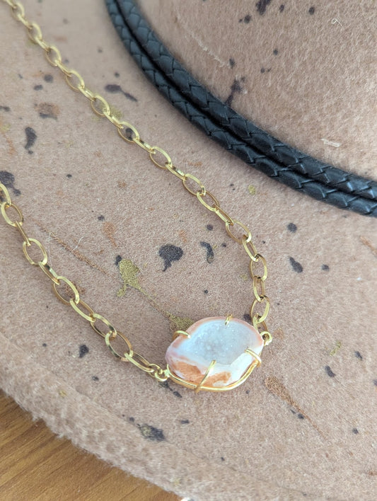 Pink Druzy Agate Short Necklace