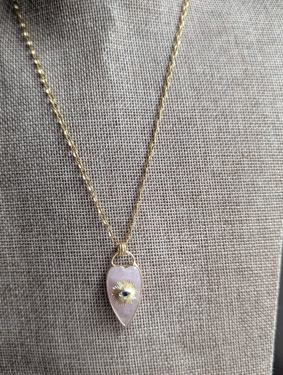 Rose Quartz Heart Evil Eye Gold Necklace