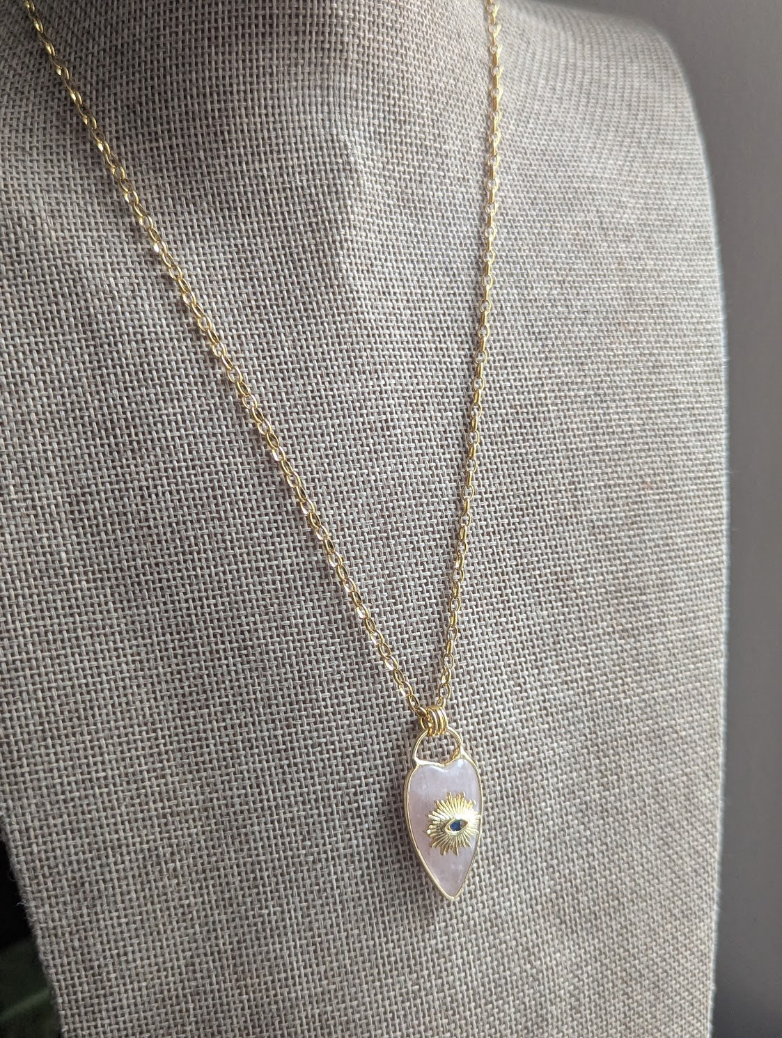 Rose Quartz Heart Evil Eye Gold Necklace