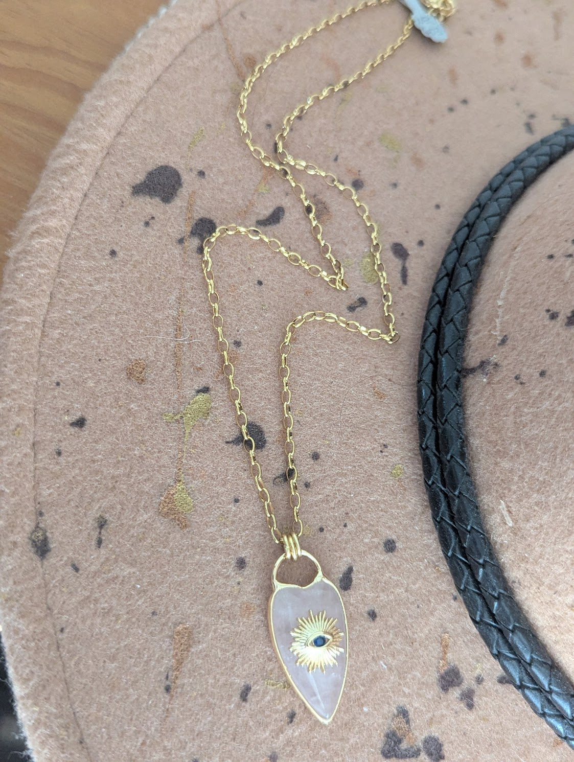 Rose Quartz Heart Evil Eye Gold Necklace