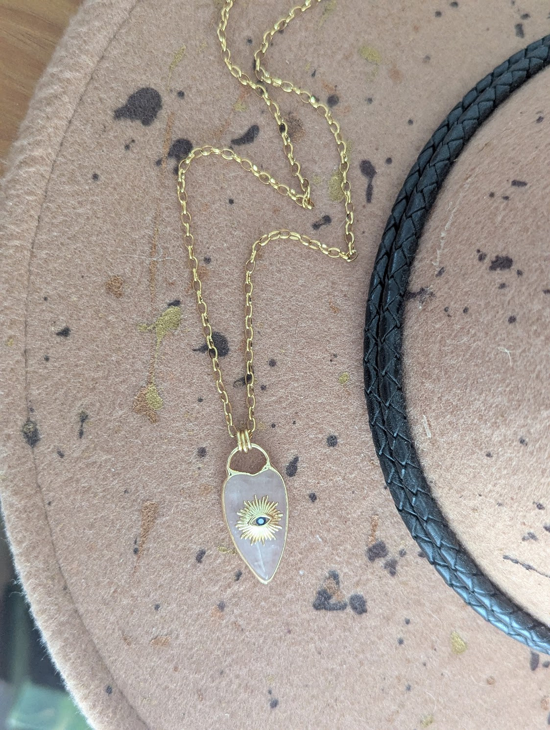 Rose Quartz Heart Evil Eye Gold Necklace