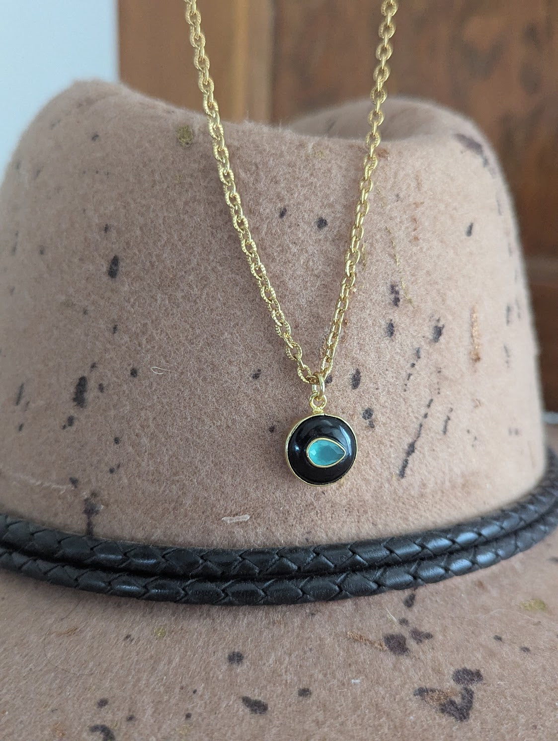 Onyx and Aqua Chalcedony Gold Necklace