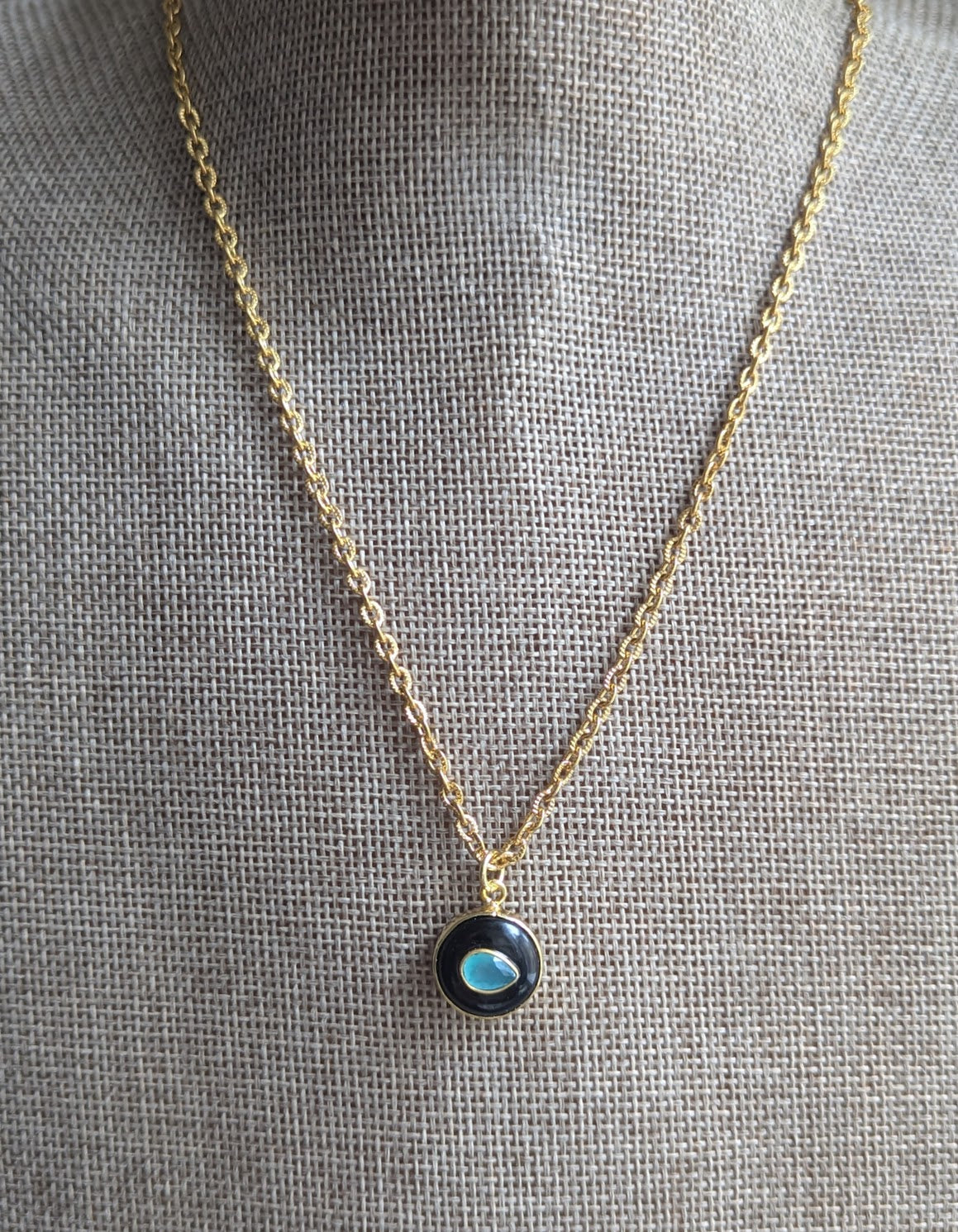 Onyx and Aqua Chalcedony Gold Necklace