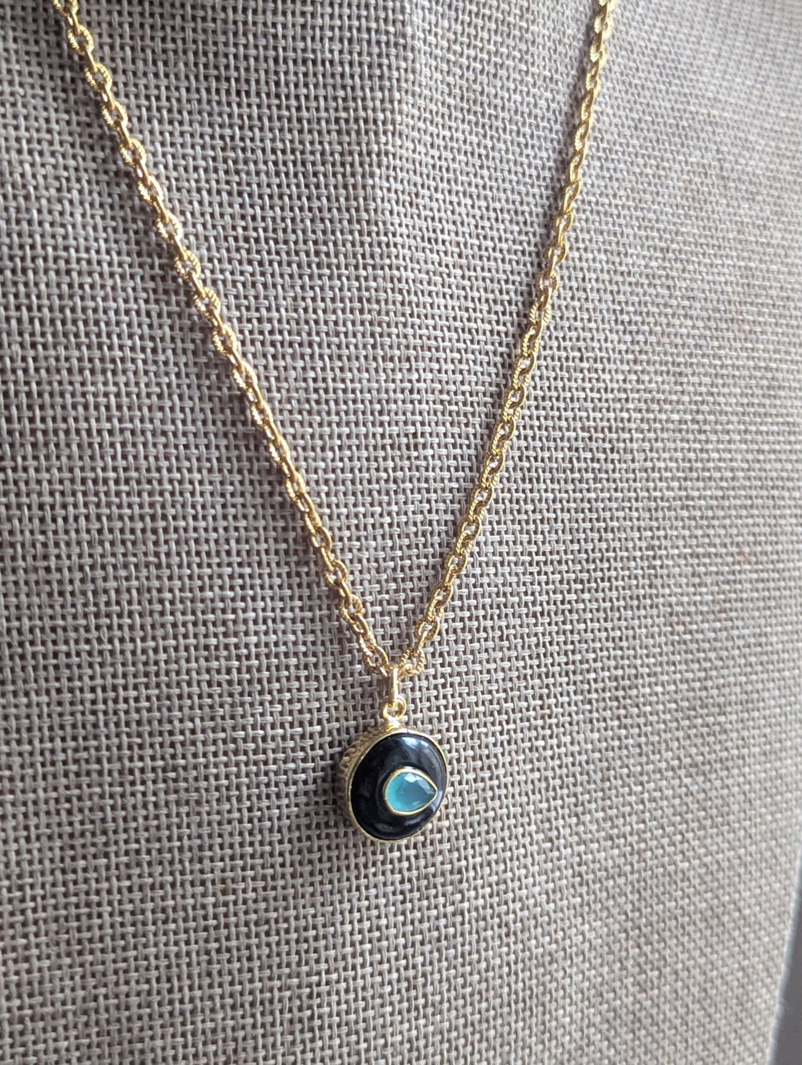 Onyx and Aqua Chalcedony Gold Necklace
