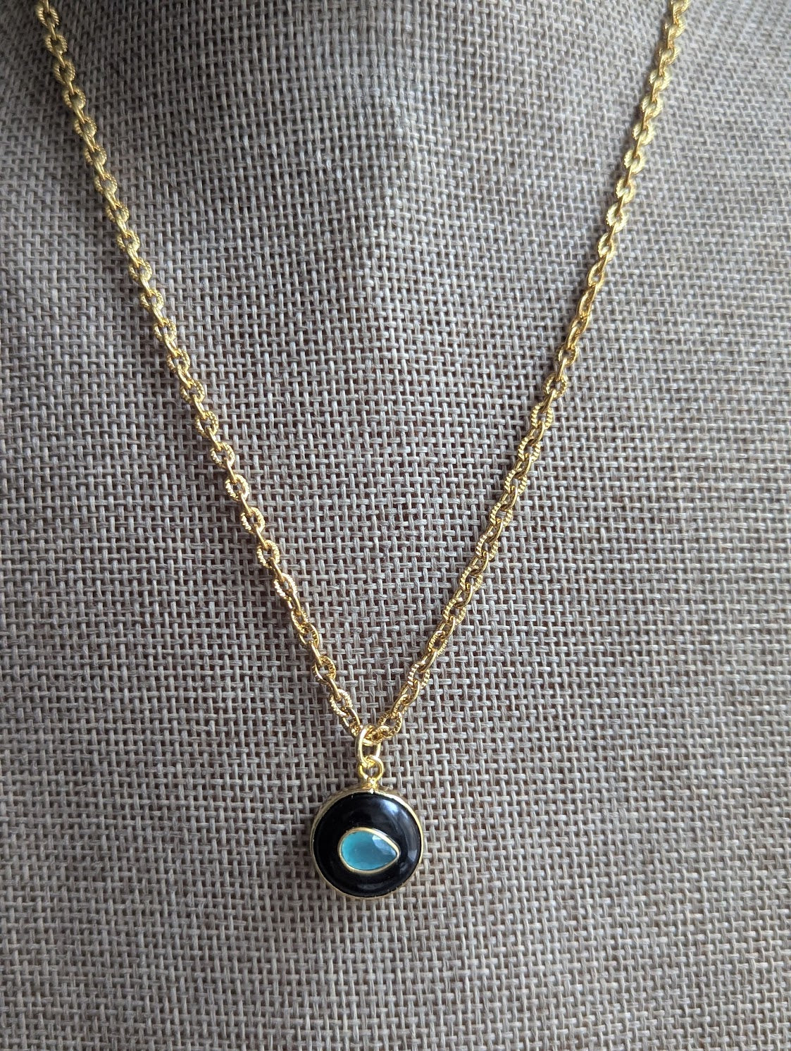 Onyx and Aqua Chalcedony Gold Necklace