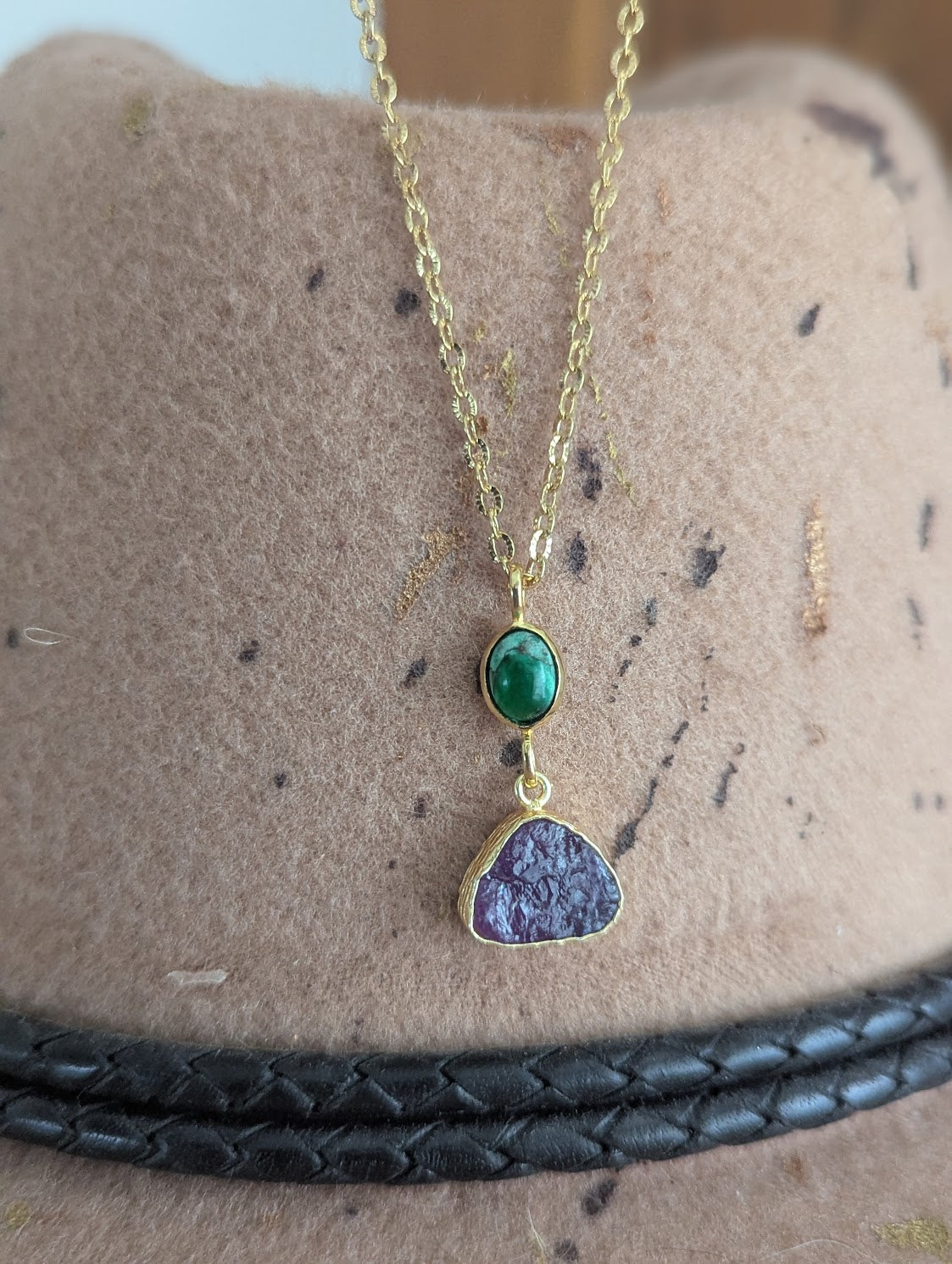 Turquoise and Raw Amethyst Duo Gold Necklace