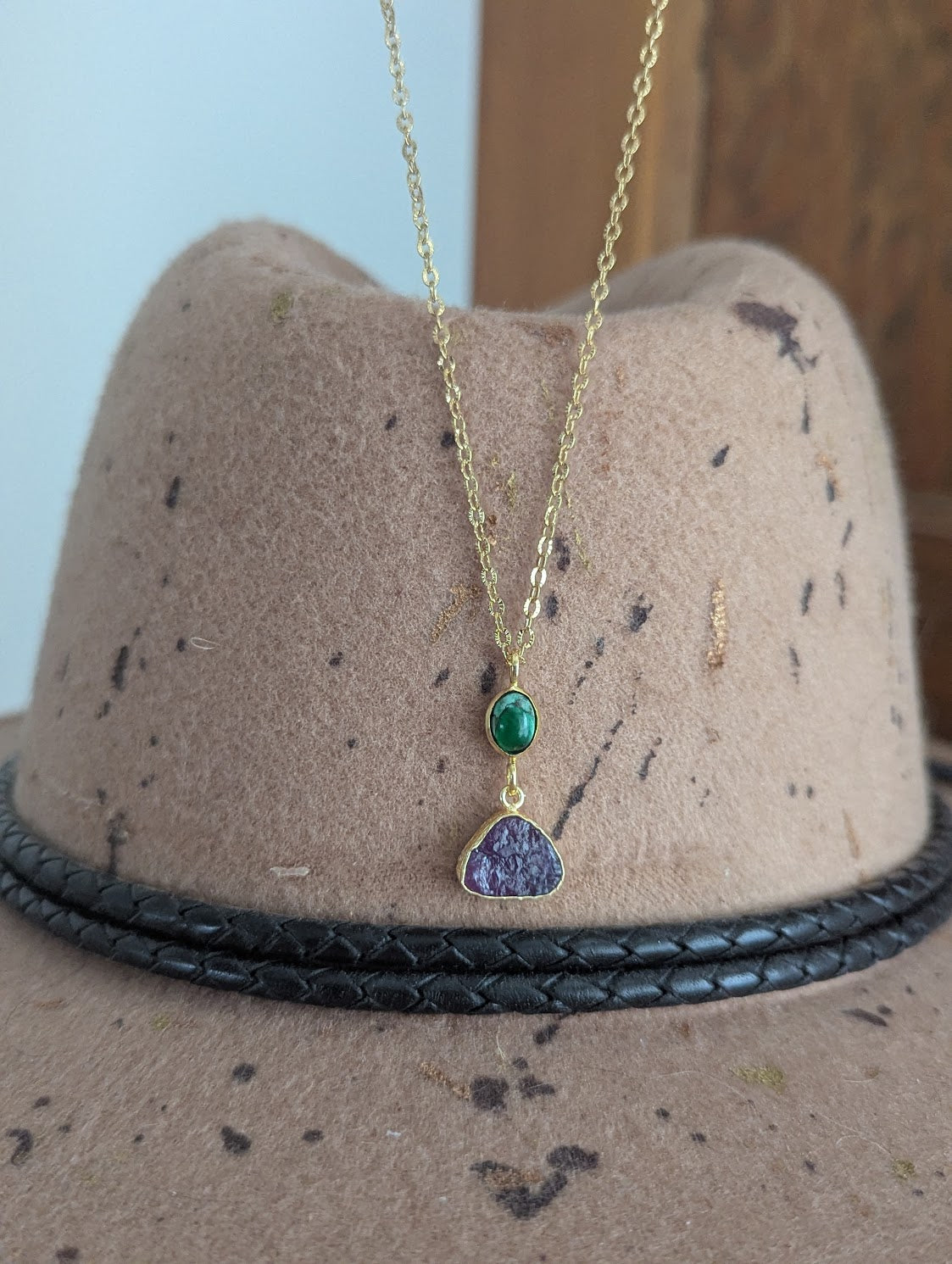 Turquoise and Raw Amethyst Duo Gold Necklace