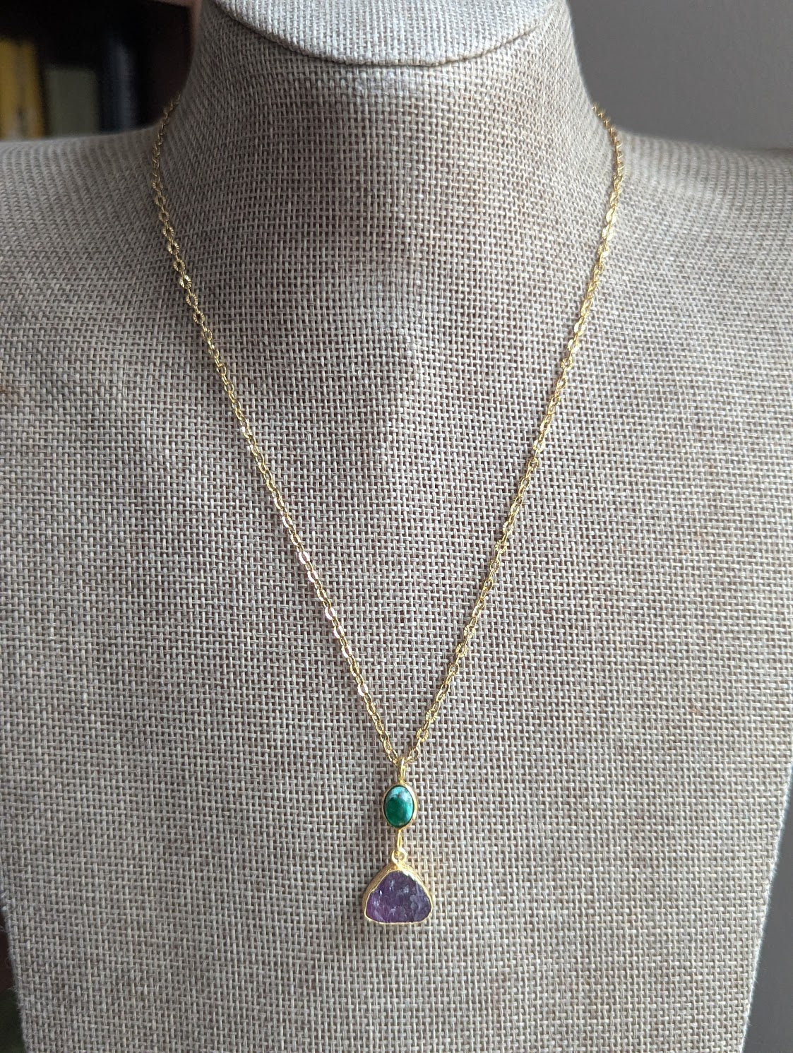 Turquoise and Raw Amethyst Duo Gold Necklace