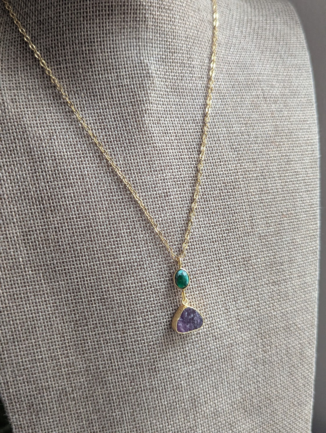 Turquoise and Raw Amethyst Duo Gold Necklace