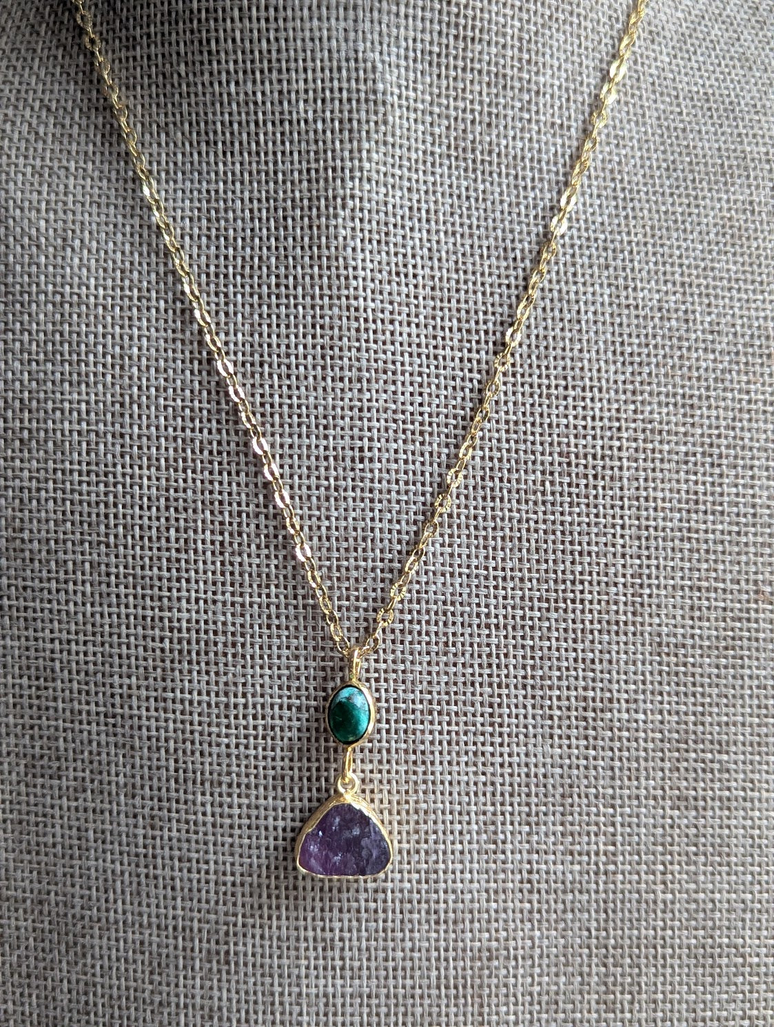 Turquoise and Raw Amethyst Duo Gold Necklace