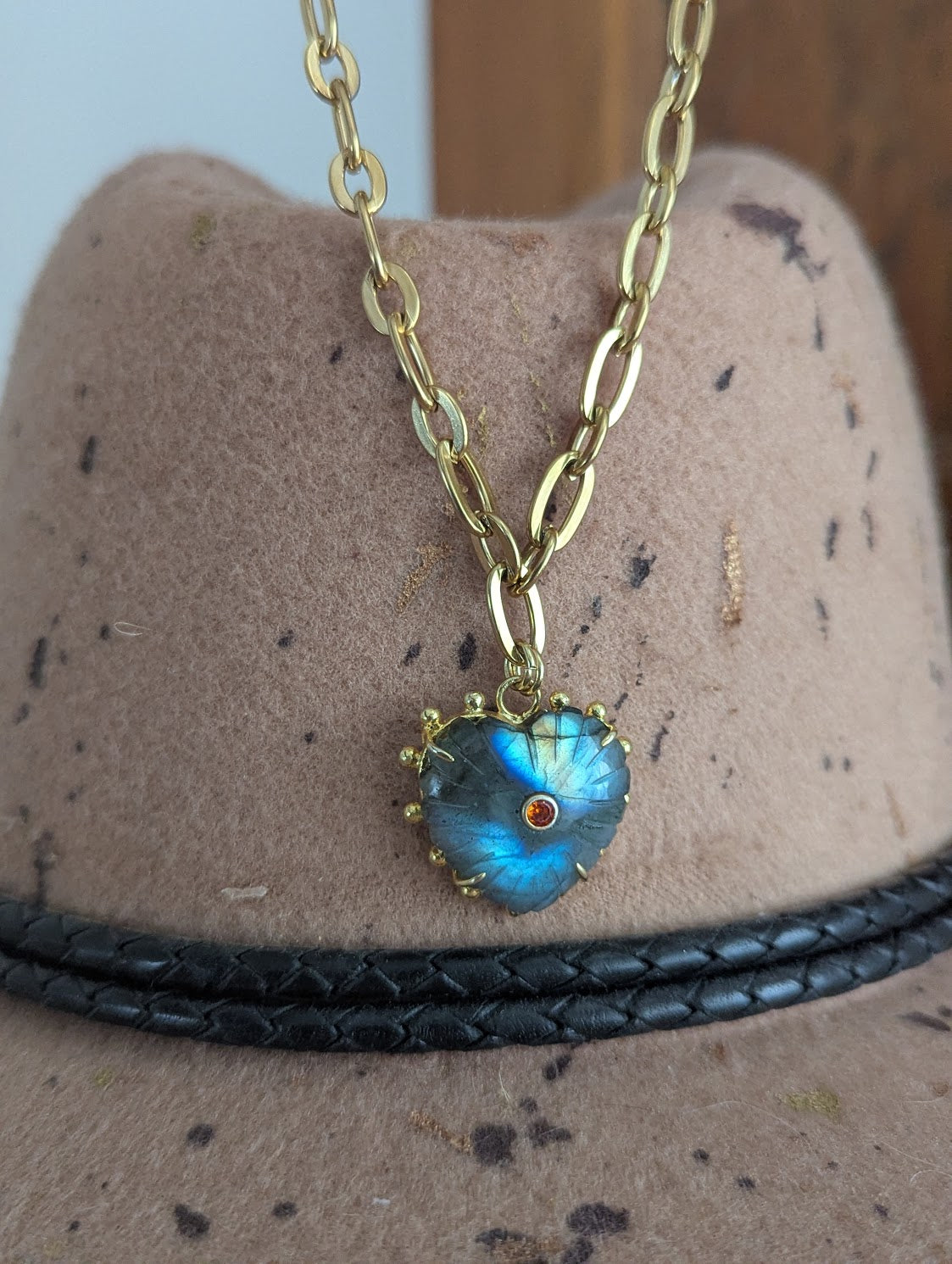 Carved Labradorite Large Heart Chunky Gold Necklace