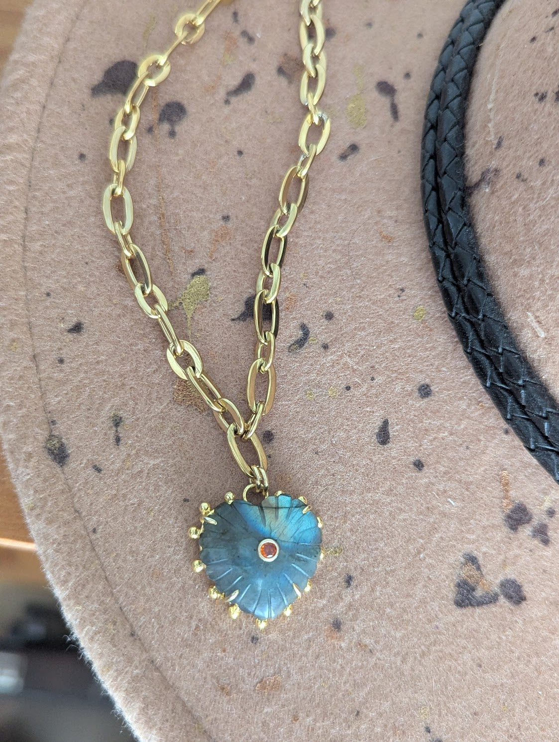 Carved Labradorite Large Heart Chunky Gold Necklace