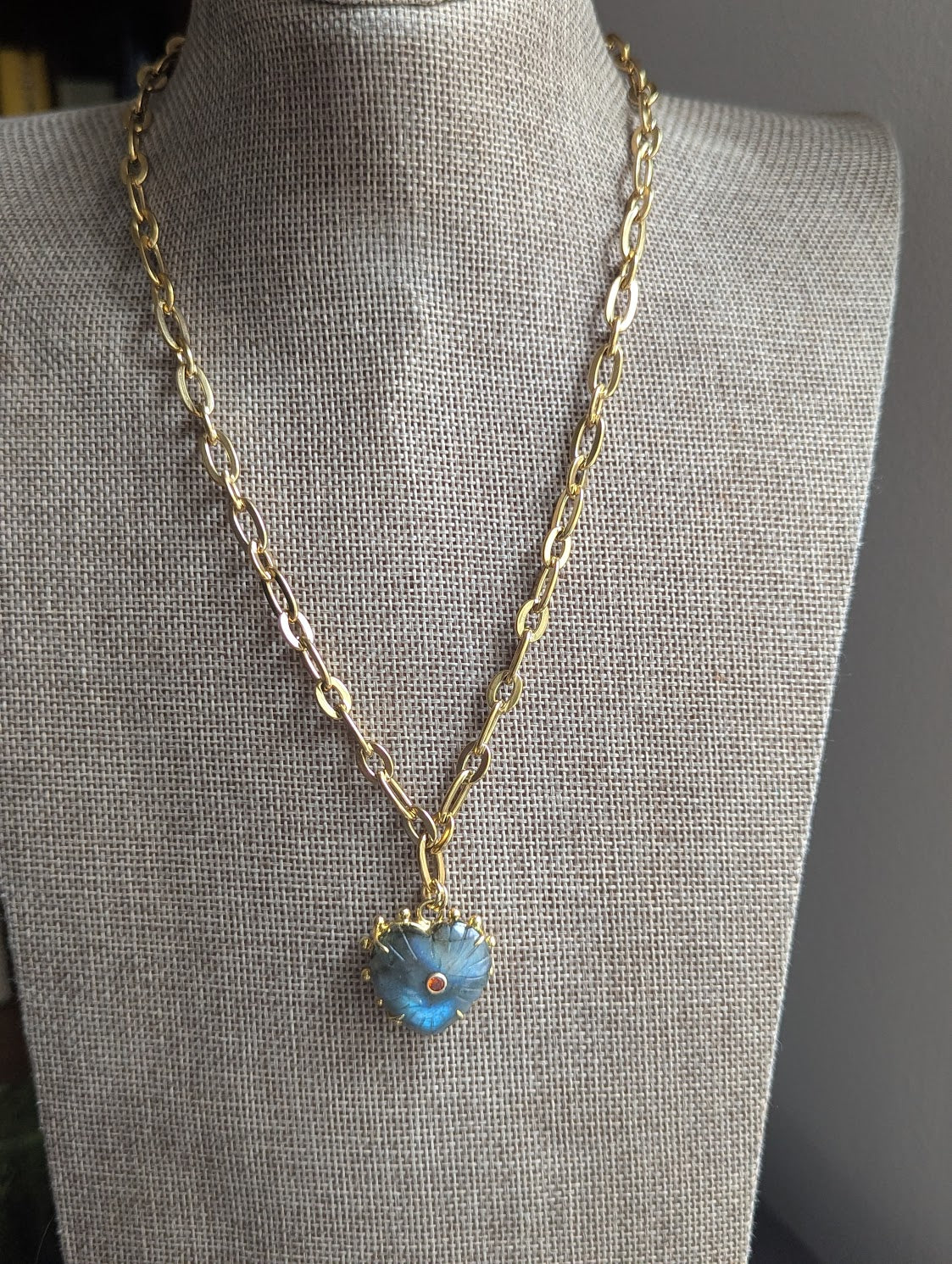 Carved Labradorite Large Heart Chunky Gold Necklace