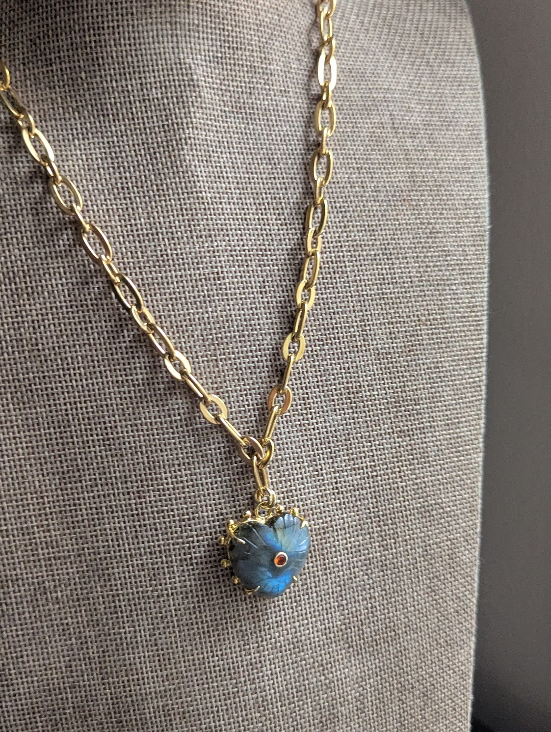 Carved Labradorite Large Heart Chunky Gold Necklace