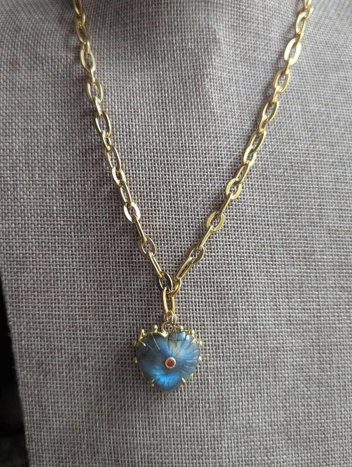 Carved Labradorite Large Heart Chunky Gold Necklace