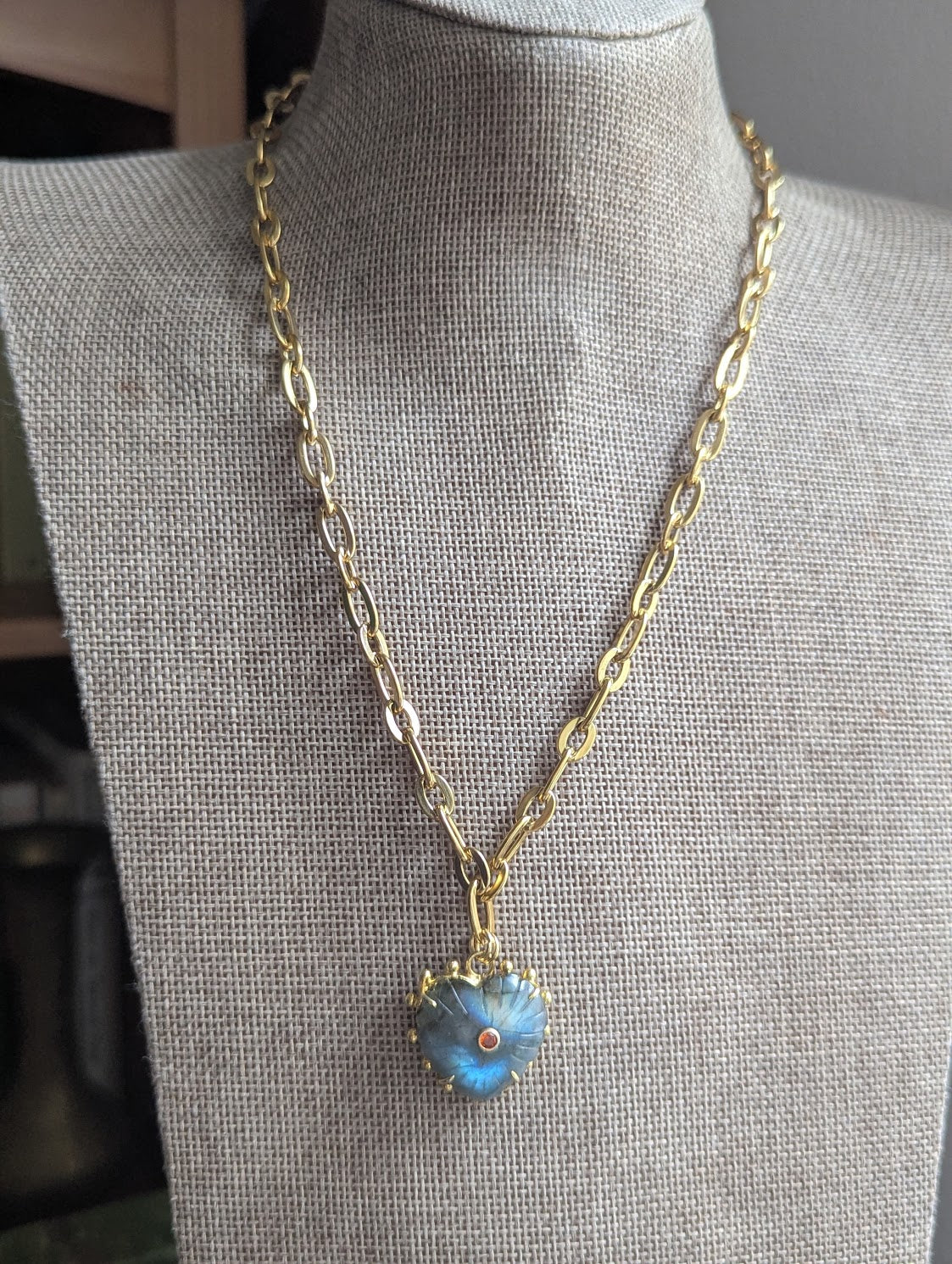 Carved Labradorite Large Heart Chunky Gold Necklace