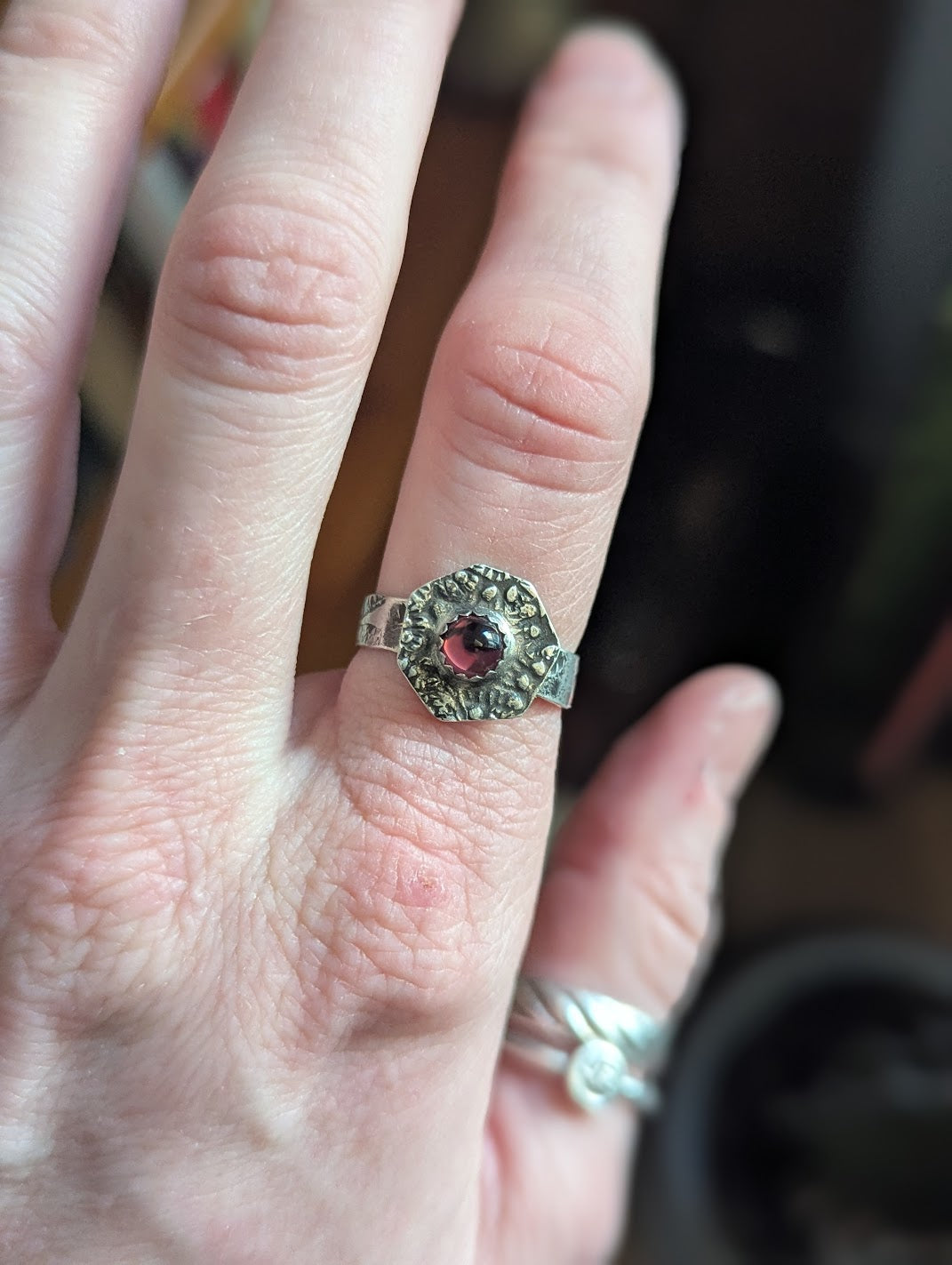 Stamped Hexagon Vintage Purple Glass Sterling Silver Ring - Size 6.5