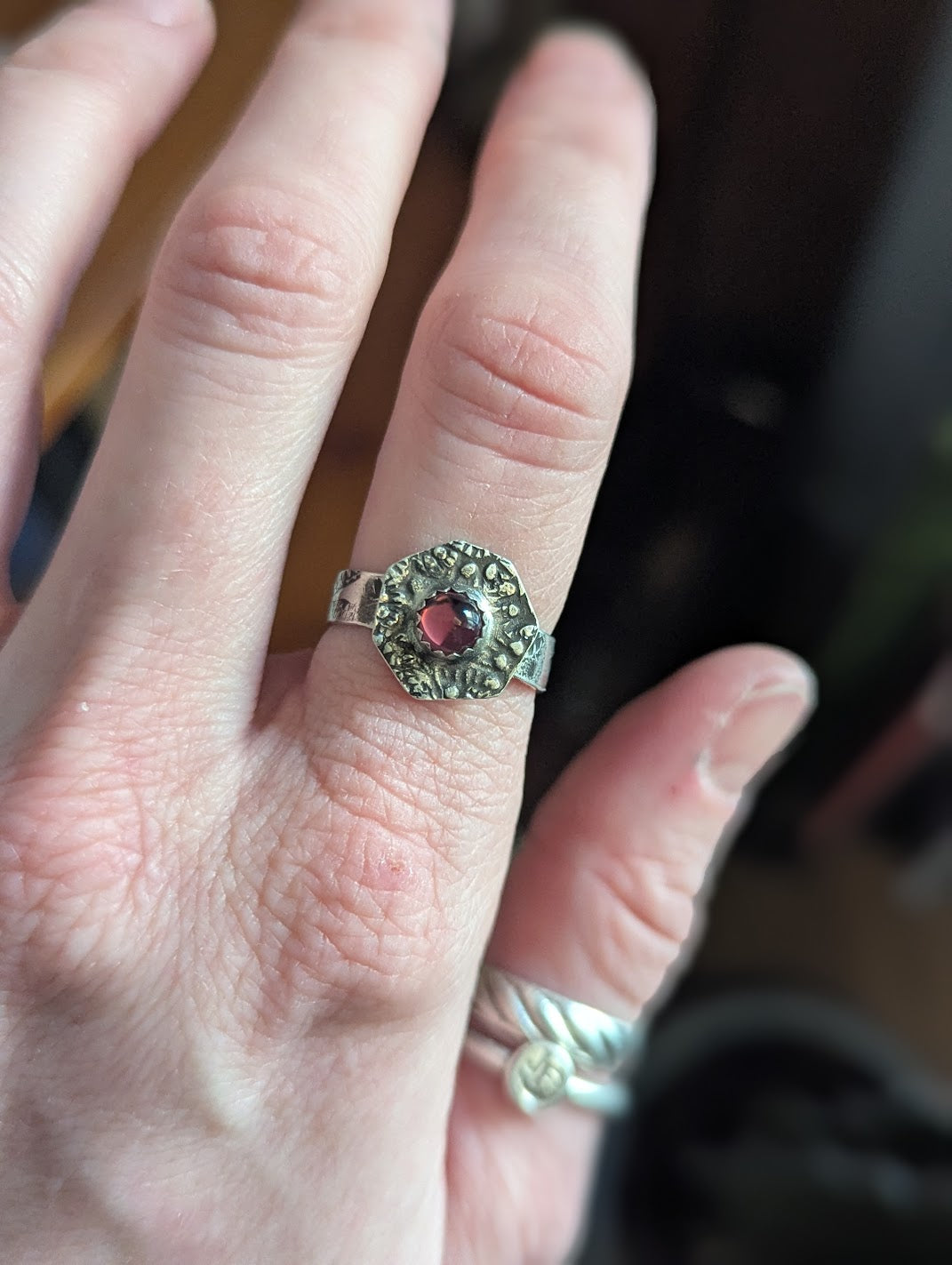 Stamped Hexagon Vintage Purple Glass Sterling Silver Ring - Size 6.5