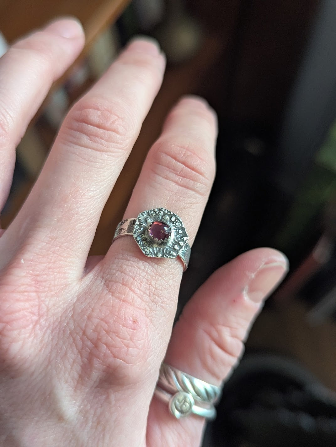 Stamped Hexagon Vintage Purple Glass Sterling Silver Ring - Size 6.5