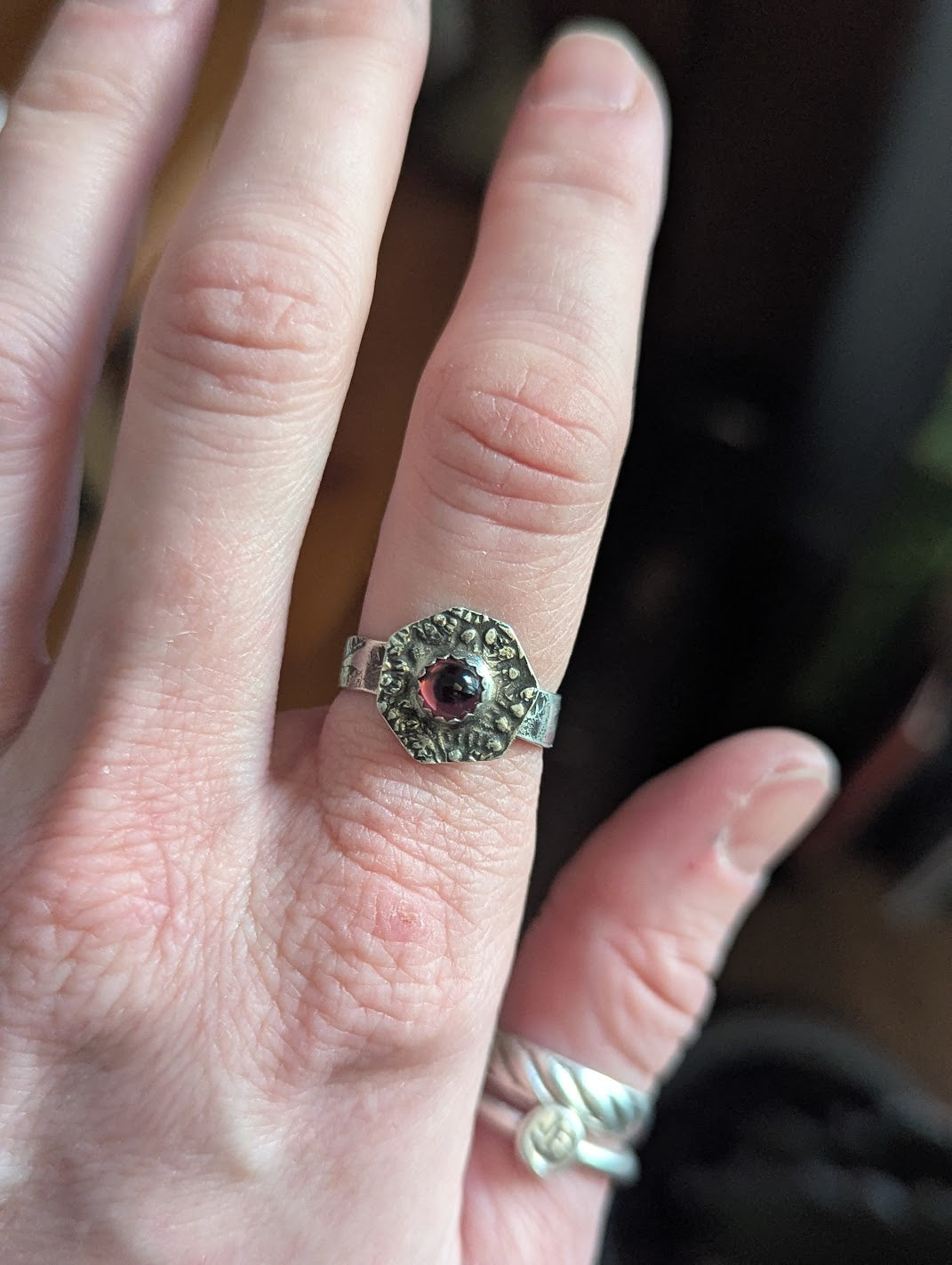 Stamped Hexagon Vintage Purple Glass Sterling Silver Ring - Size 6.5