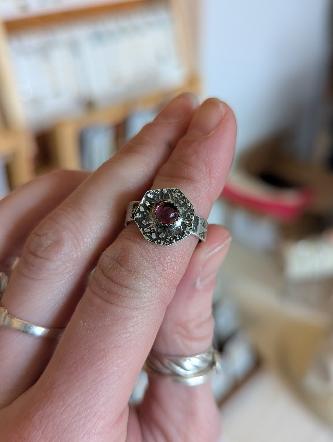 Stamped Hexagon Vintage Purple Glass Sterling Silver Ring - Size 6.5