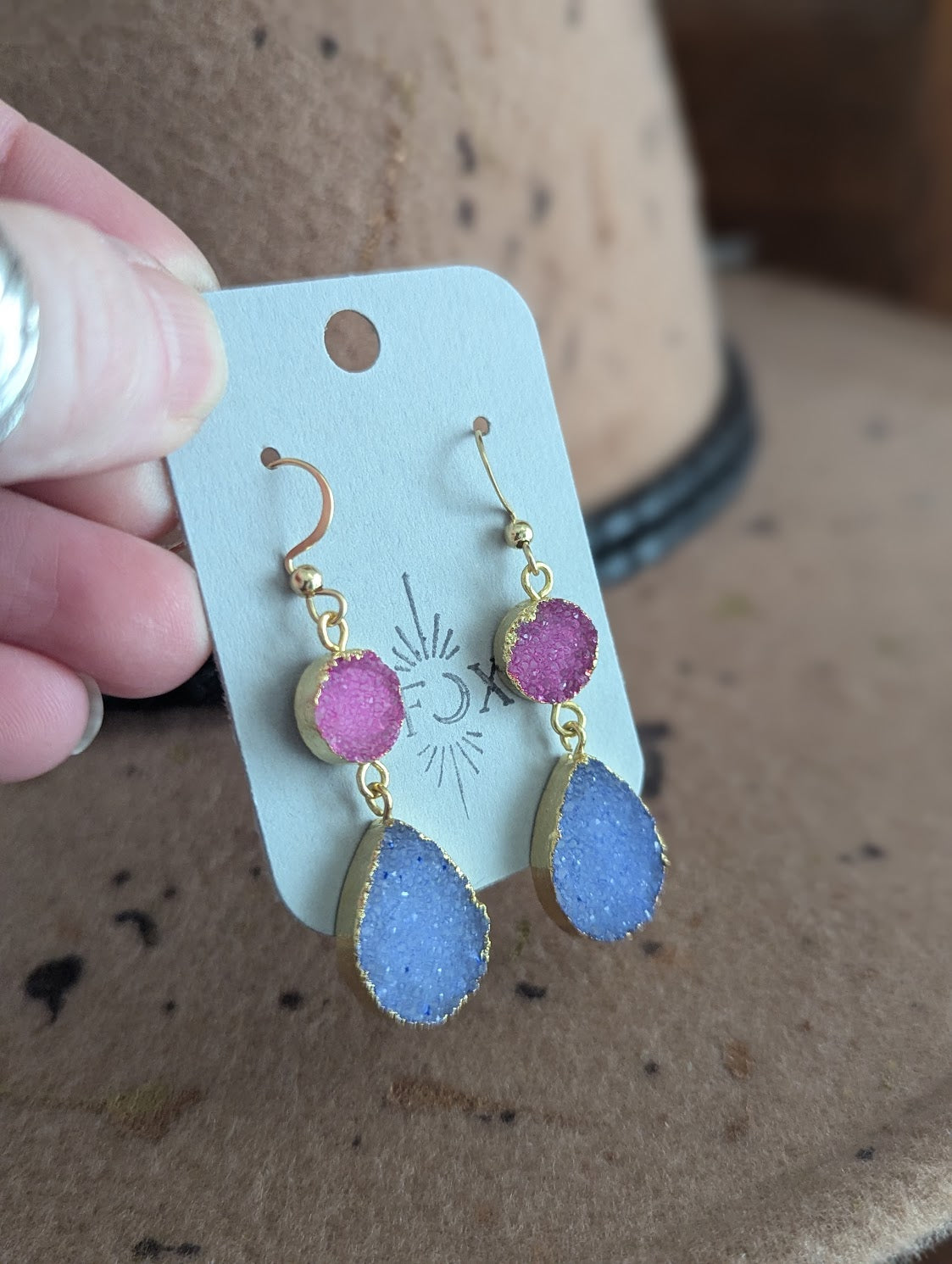 Pink and Purple Druzy Duo Gold Earrings