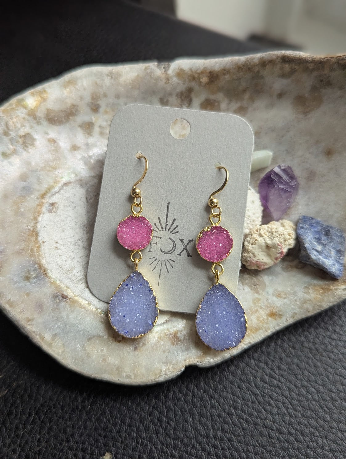 Pink and Purple Druzy Duo Gold Earrings