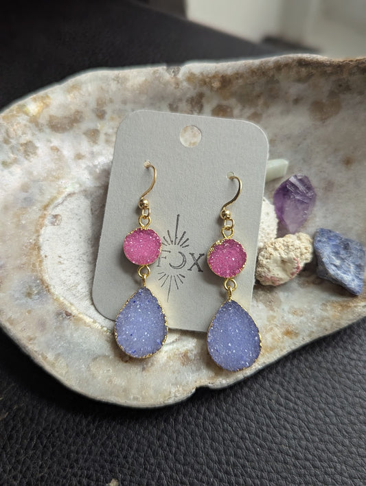Pink and Purple Druzy Duo Gold Earrings