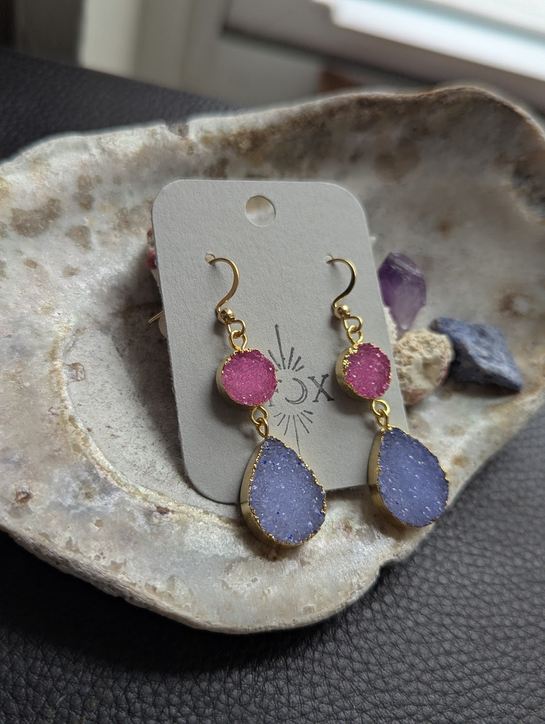 Pink and Purple Druzy Duo Gold Earrings