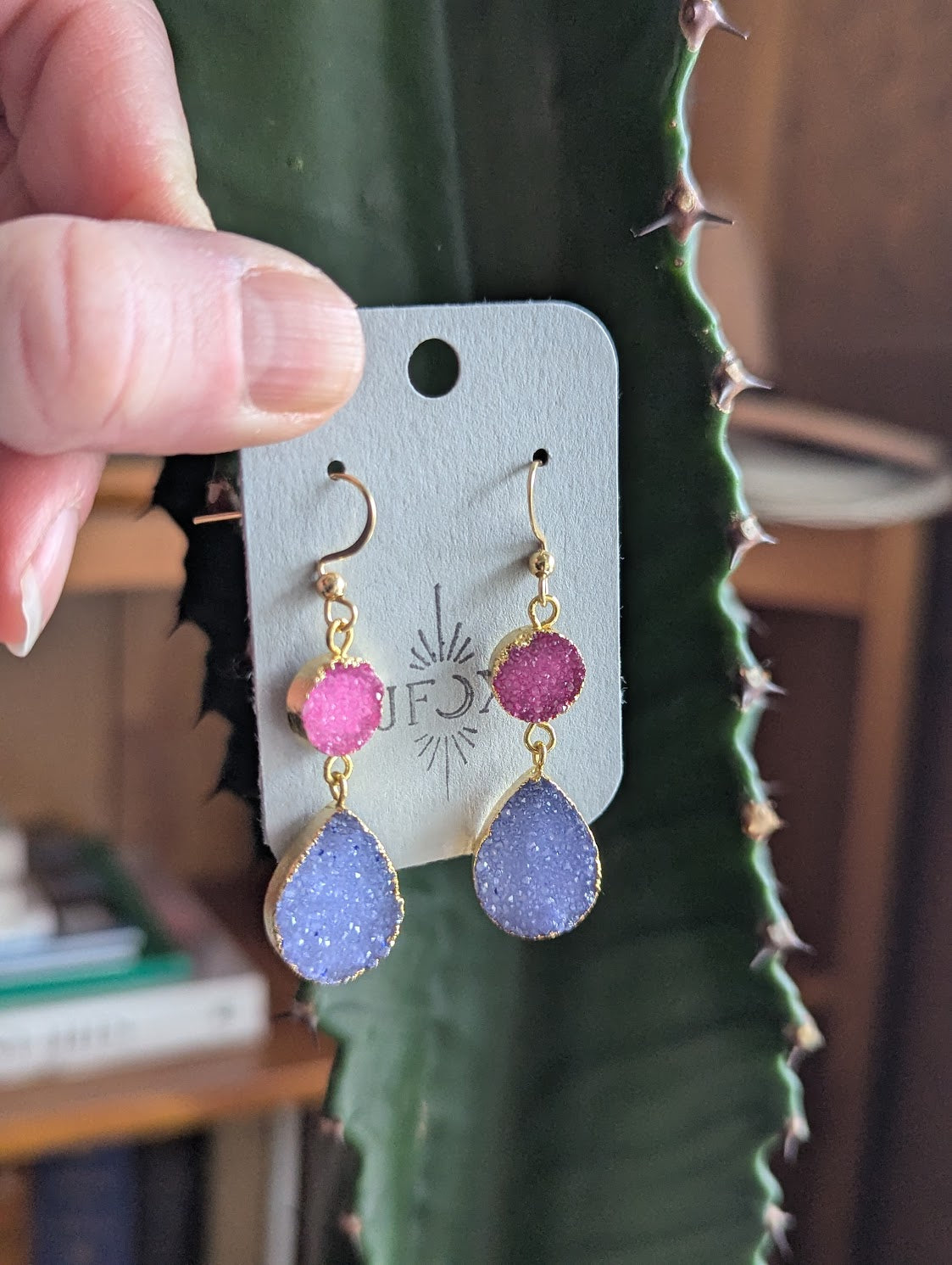 Pink and Purple Druzy Duo Gold Earrings