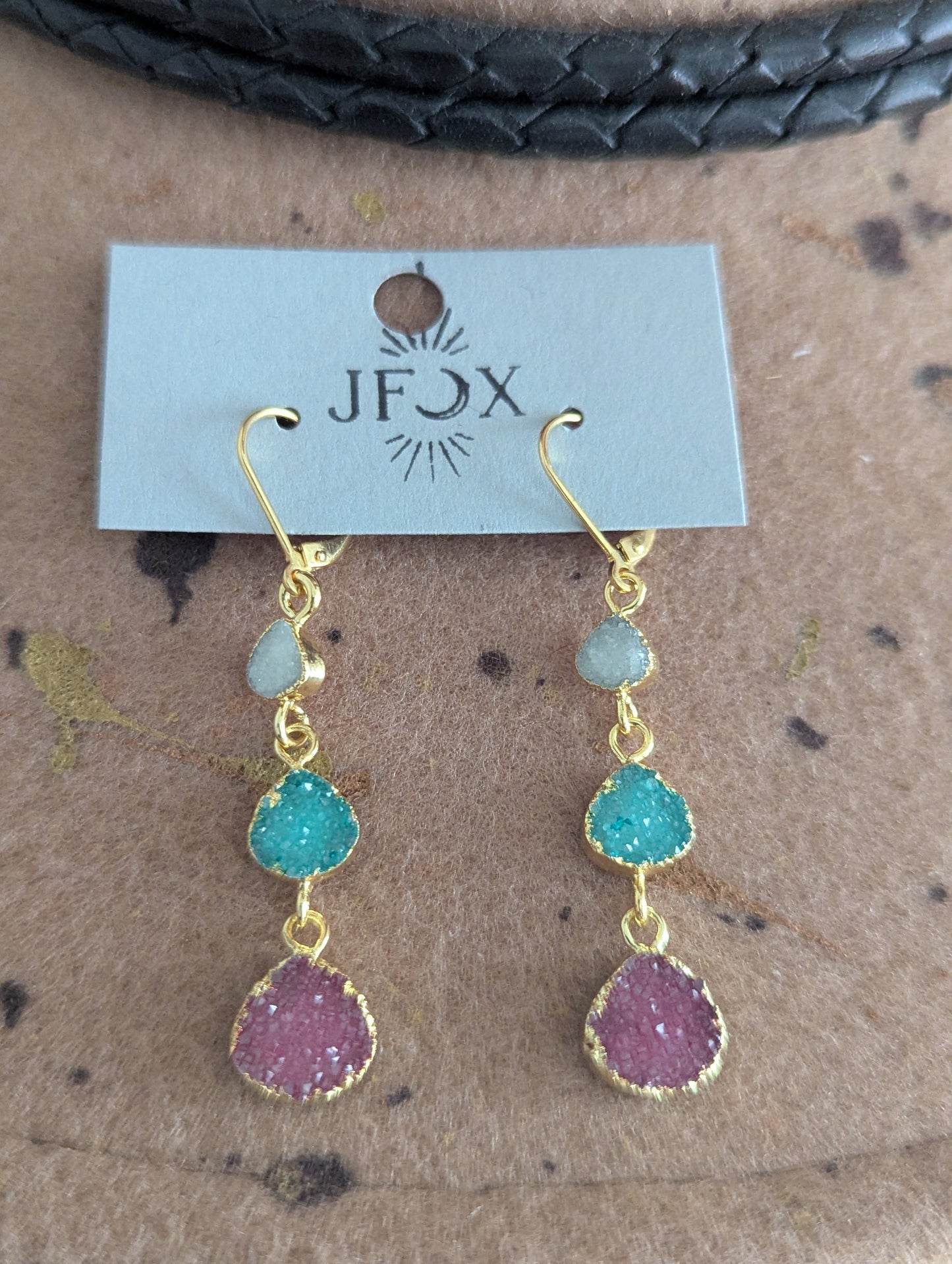 White, Green, Red Druzy Trio Gold Hoop Earrings