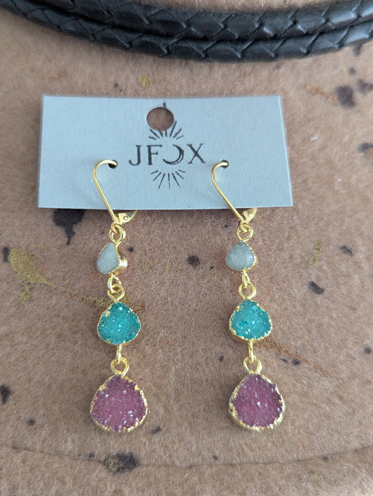 White, Green, Red Druzy Trio Gold Hoop Earrings