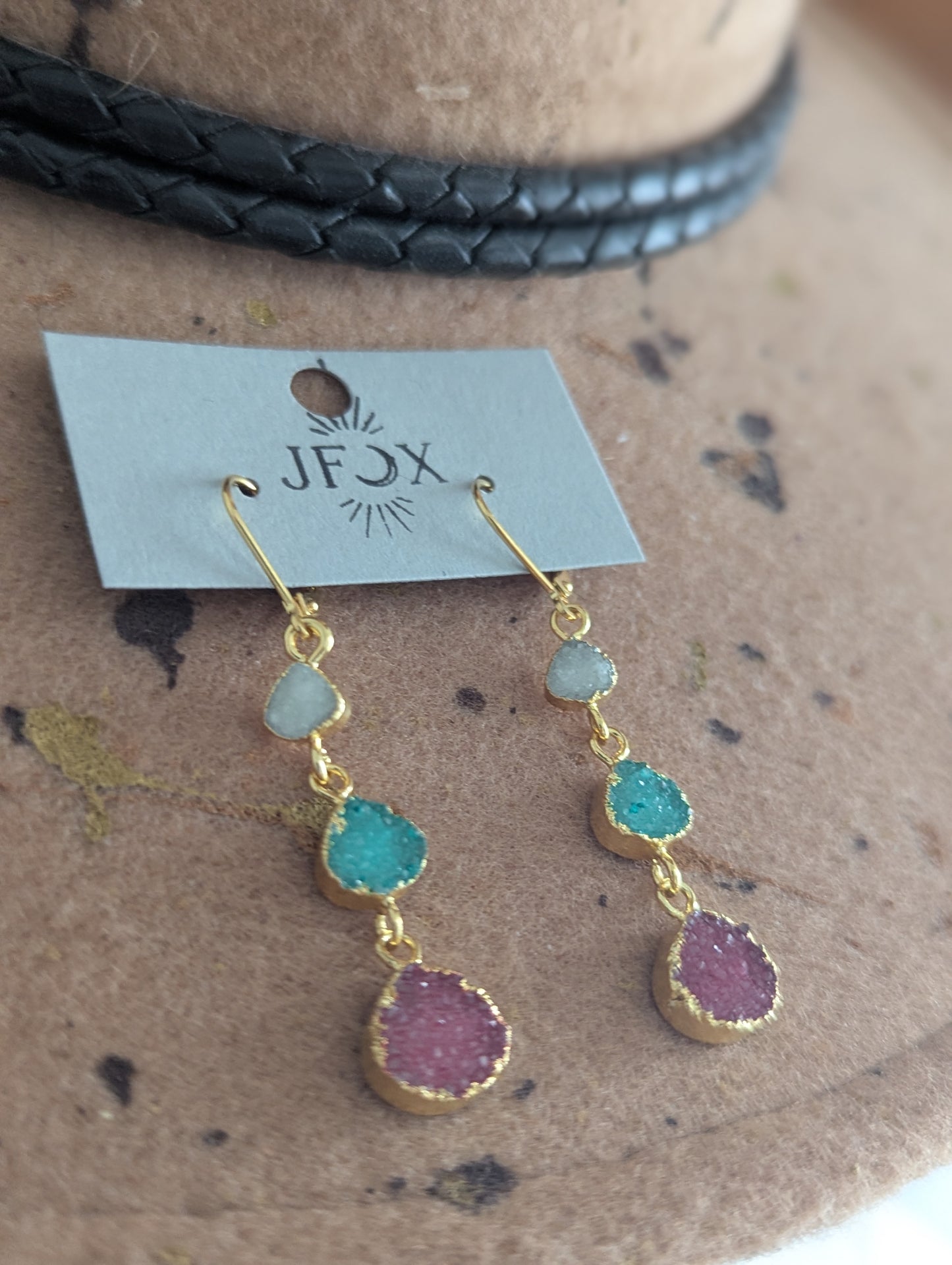White, Green, Red Druzy Trio Gold Hoop Earrings