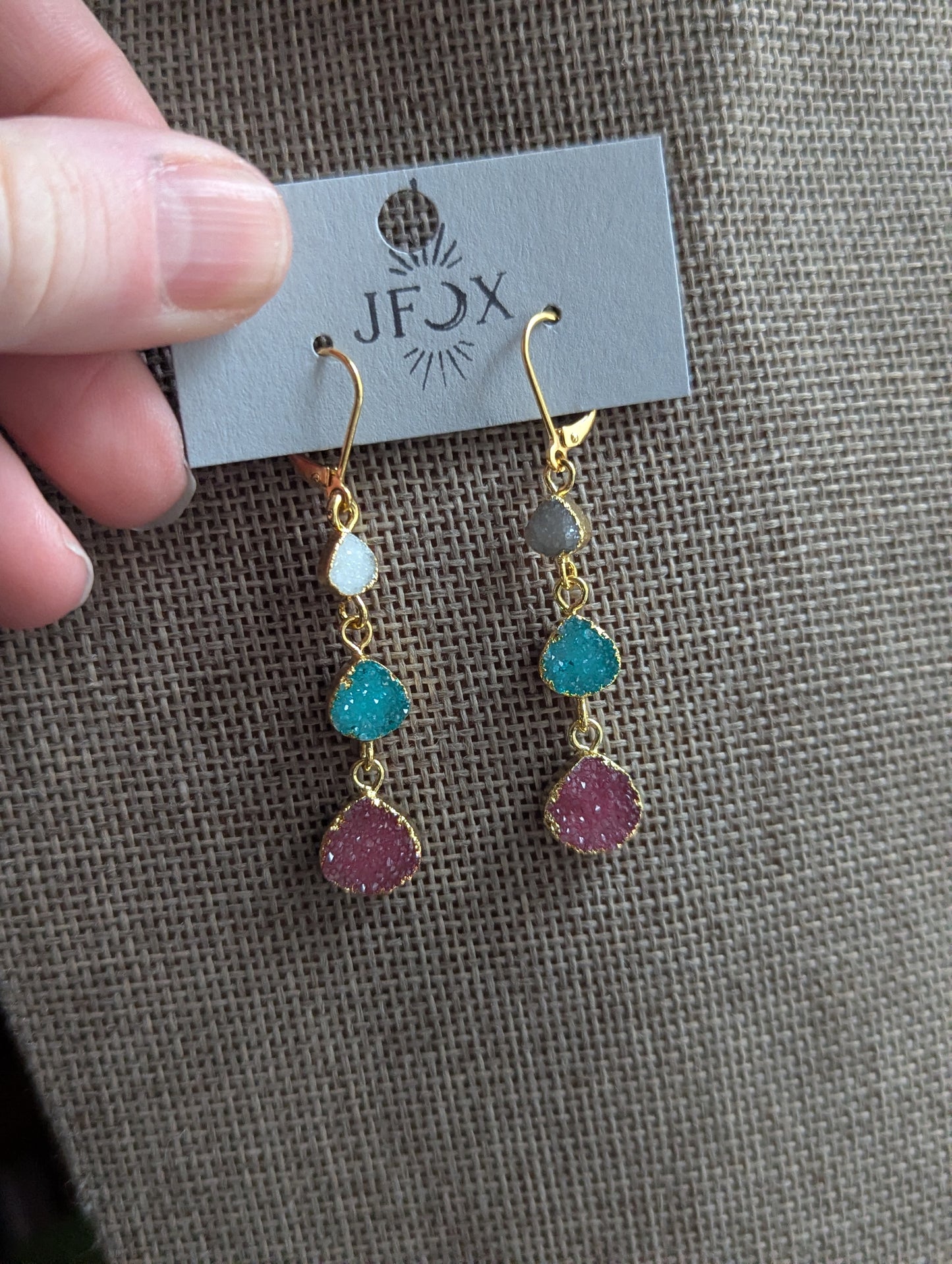 White, Green, Red Druzy Trio Gold Hoop Earrings