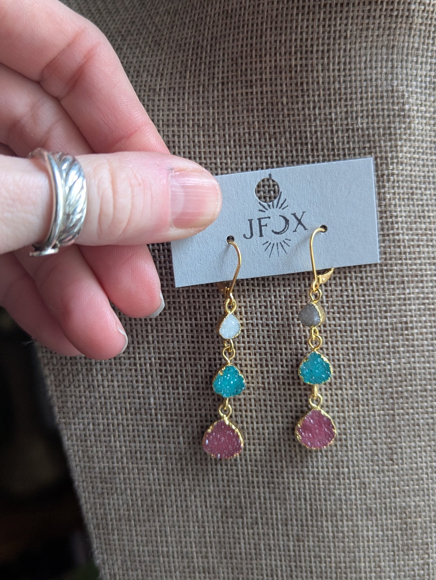 White, Green, Red Druzy Trio Gold Hoop Earrings