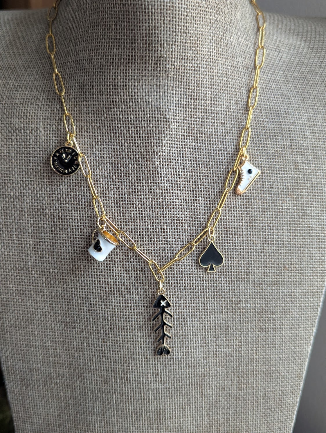 Black and White Mixed Charm Gold Necklace