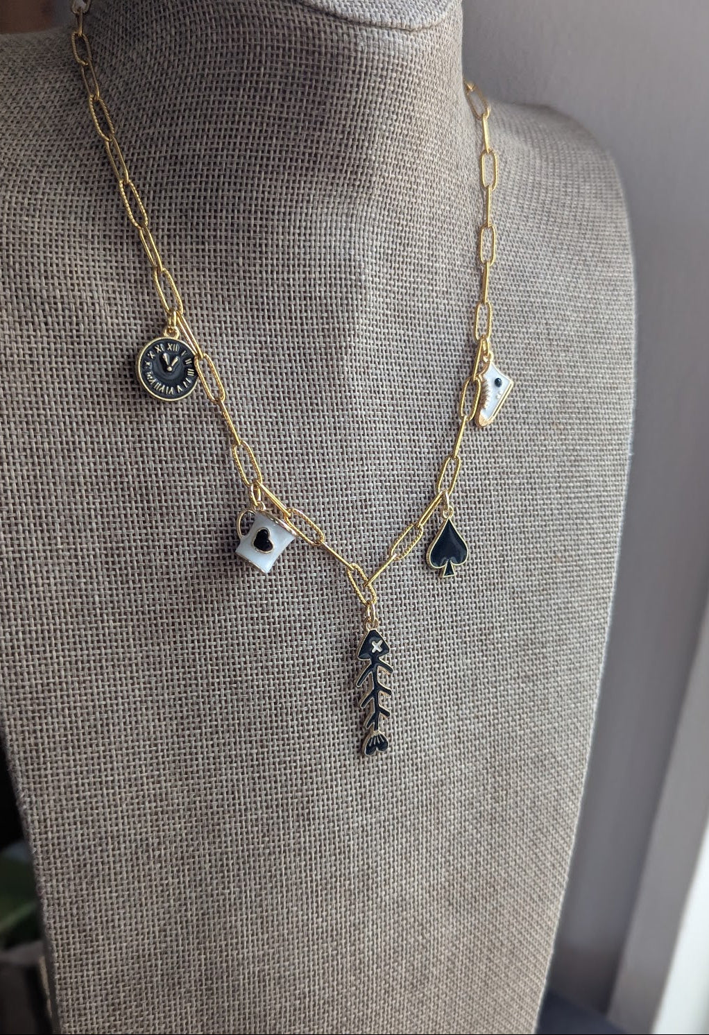 Black and White Mixed Charm Gold Necklace