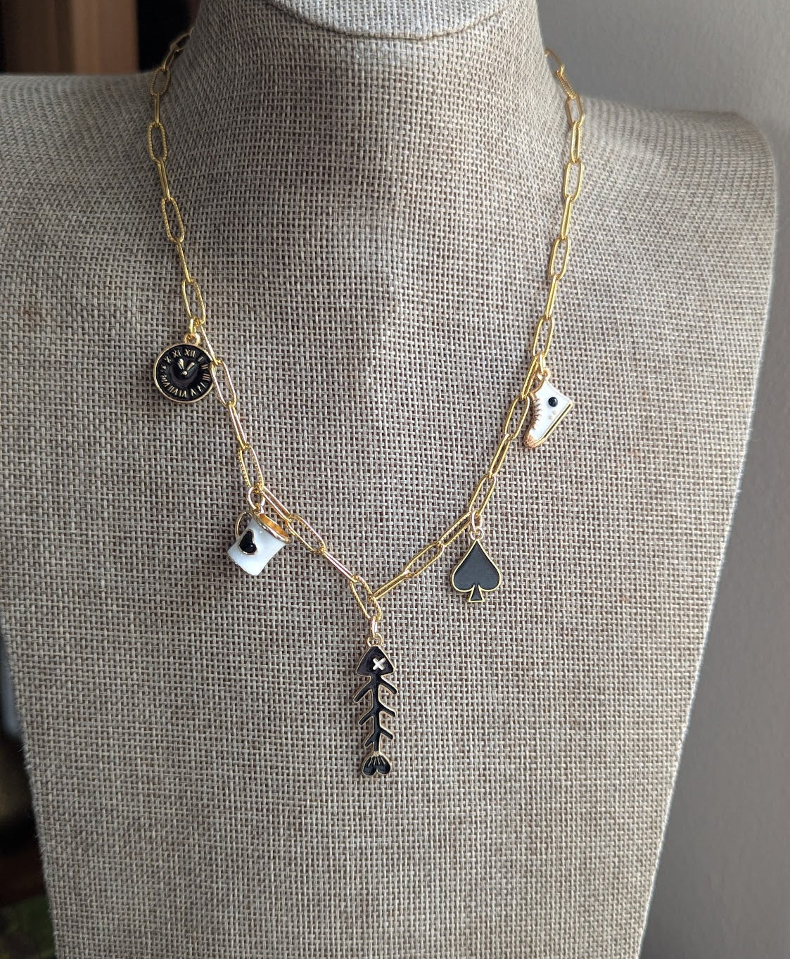 Black and White Mixed Charm Gold Necklace