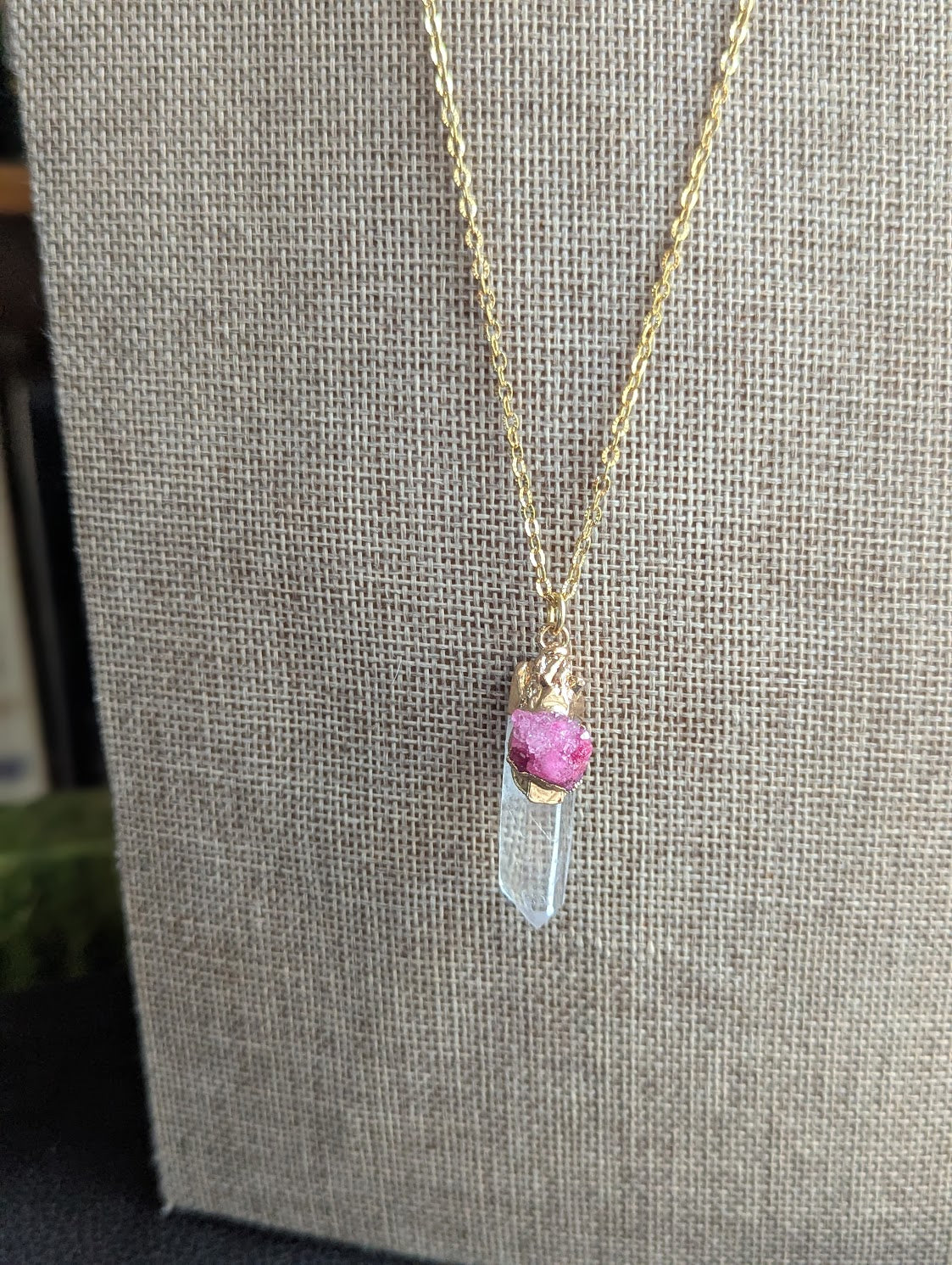 Clear Quartz Point and Pink Druzy Gold Necklace